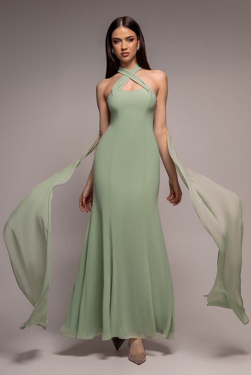 Goddiva Green Multiway Cape Chiffon Sweetheart Maxi Dress - Sage By - Sage - 18