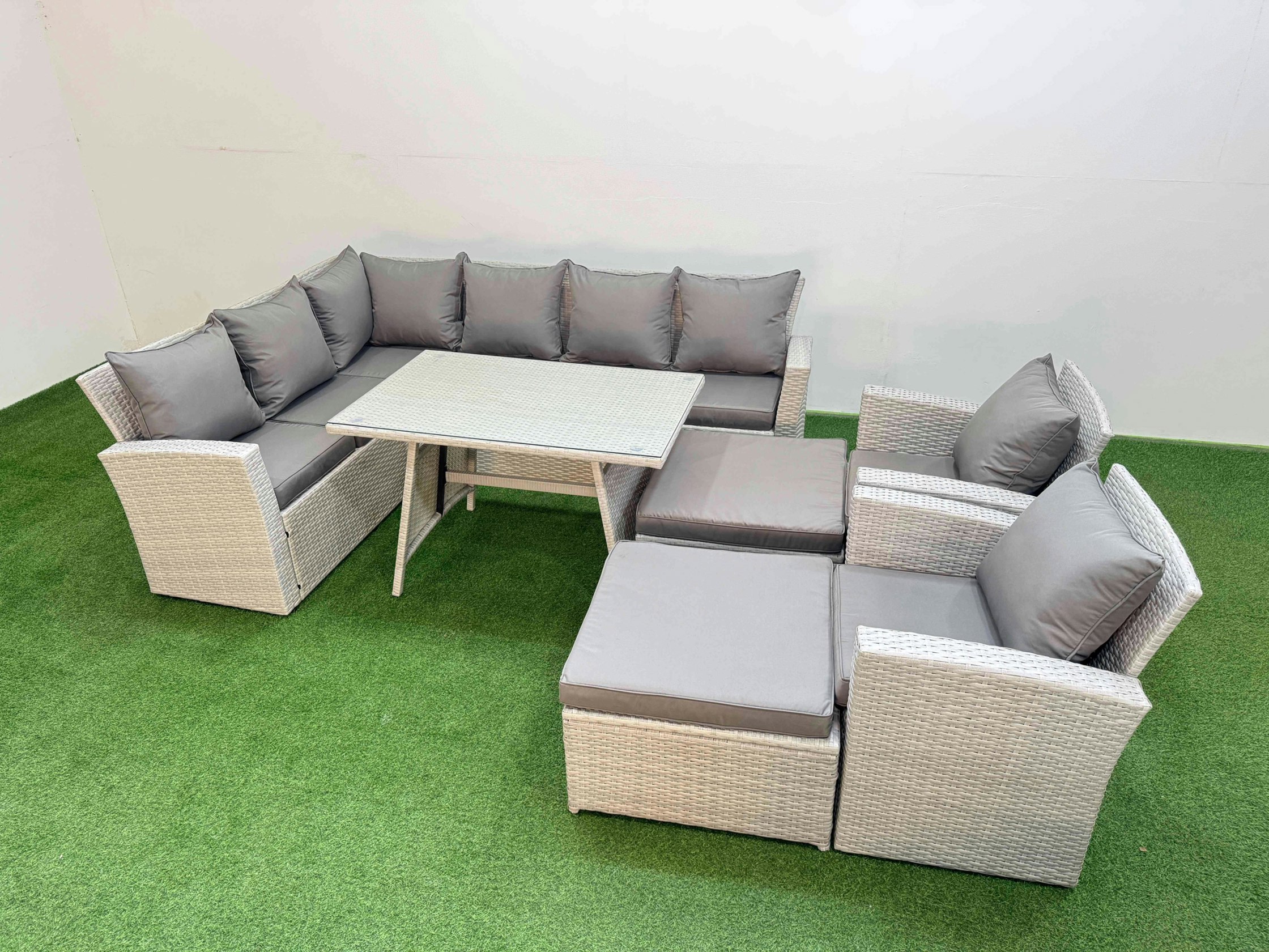 Fimous Light/Grey Garden Outdoor Rattan Furniture Set Rattan Corner Sofa Oblong Dining Table With 2 Armchairs 2 Big Footstools Mixed 10 Seater