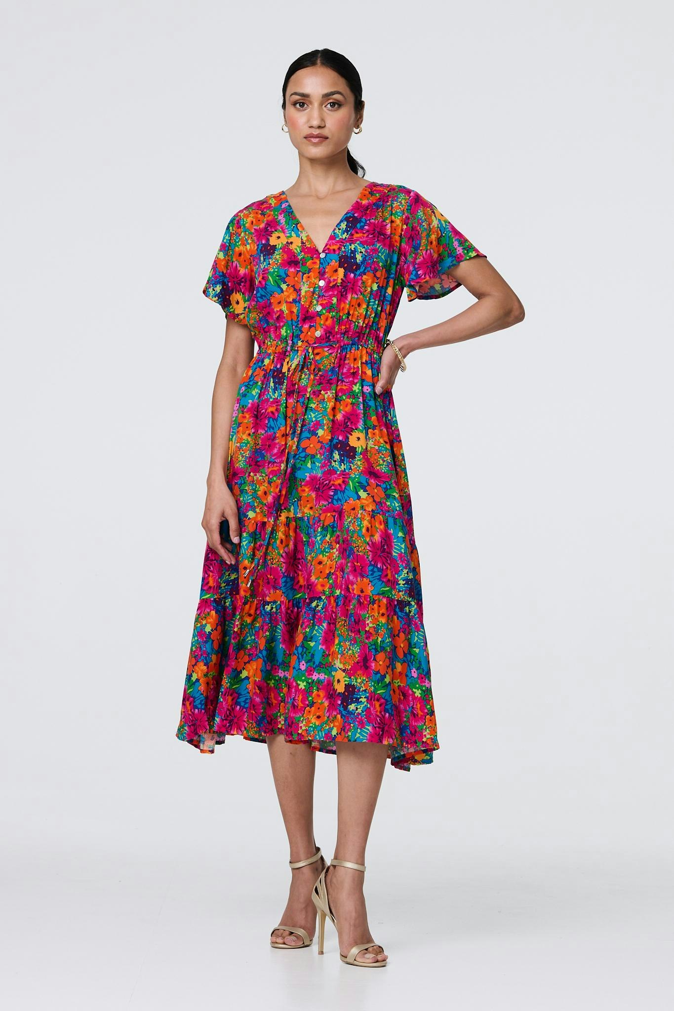 Izabel London Pink Floral Short Sleeve Tie Waist Dress - 8
