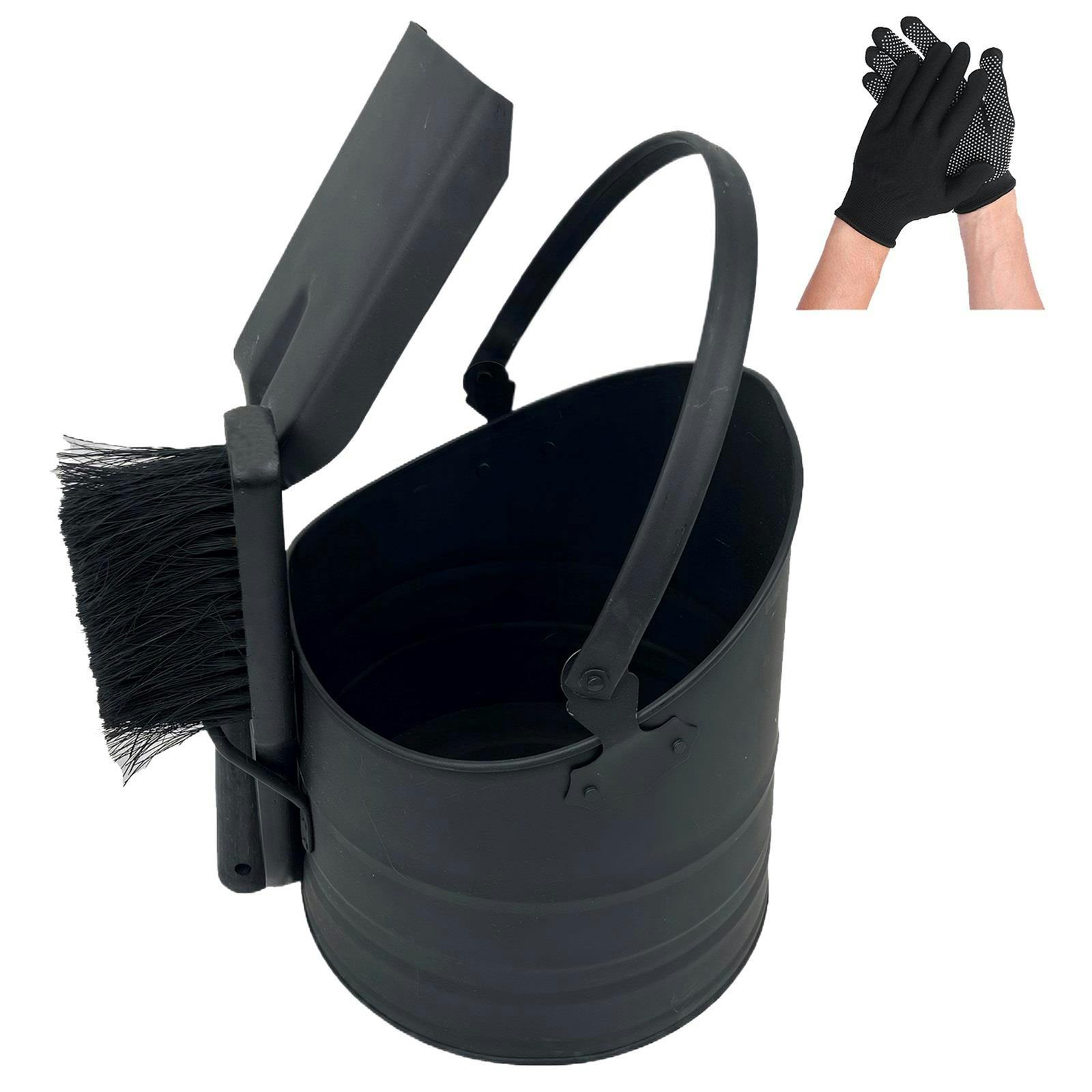 Gr8 Home Coal Metal 10L Bucket Brush Shovel Set Char Fireside Bin Ash Log Scuttle Hod