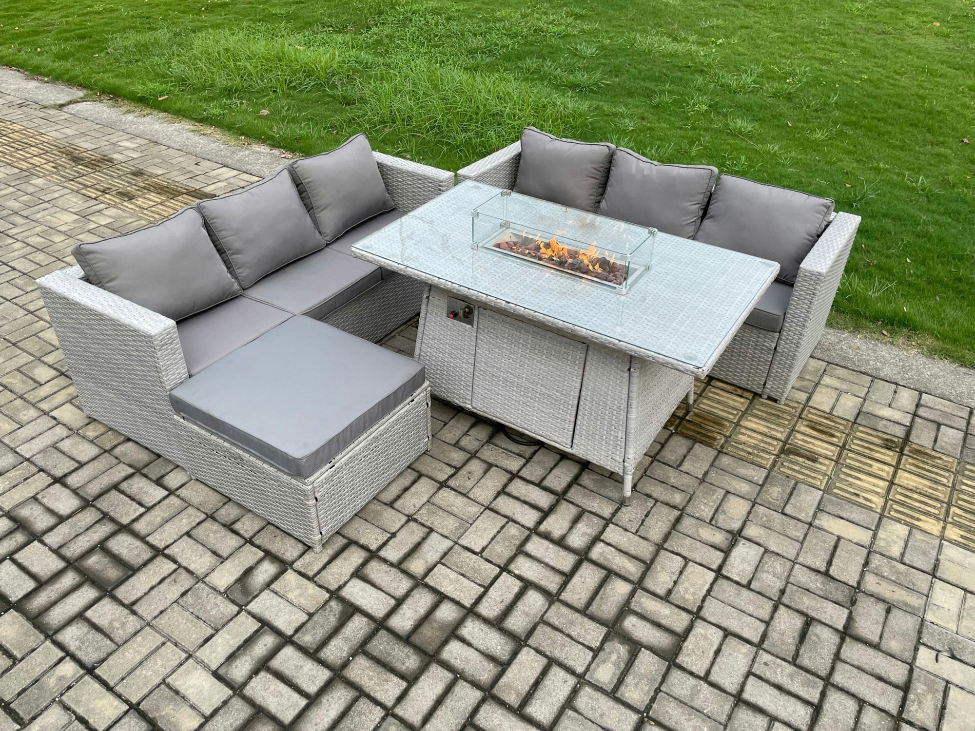 Rackhams Light/Grey Rattan 6 Seater Outdoor Garden Dining Furniture Set With Gas Fire Pit Dining Table & Big Footstool