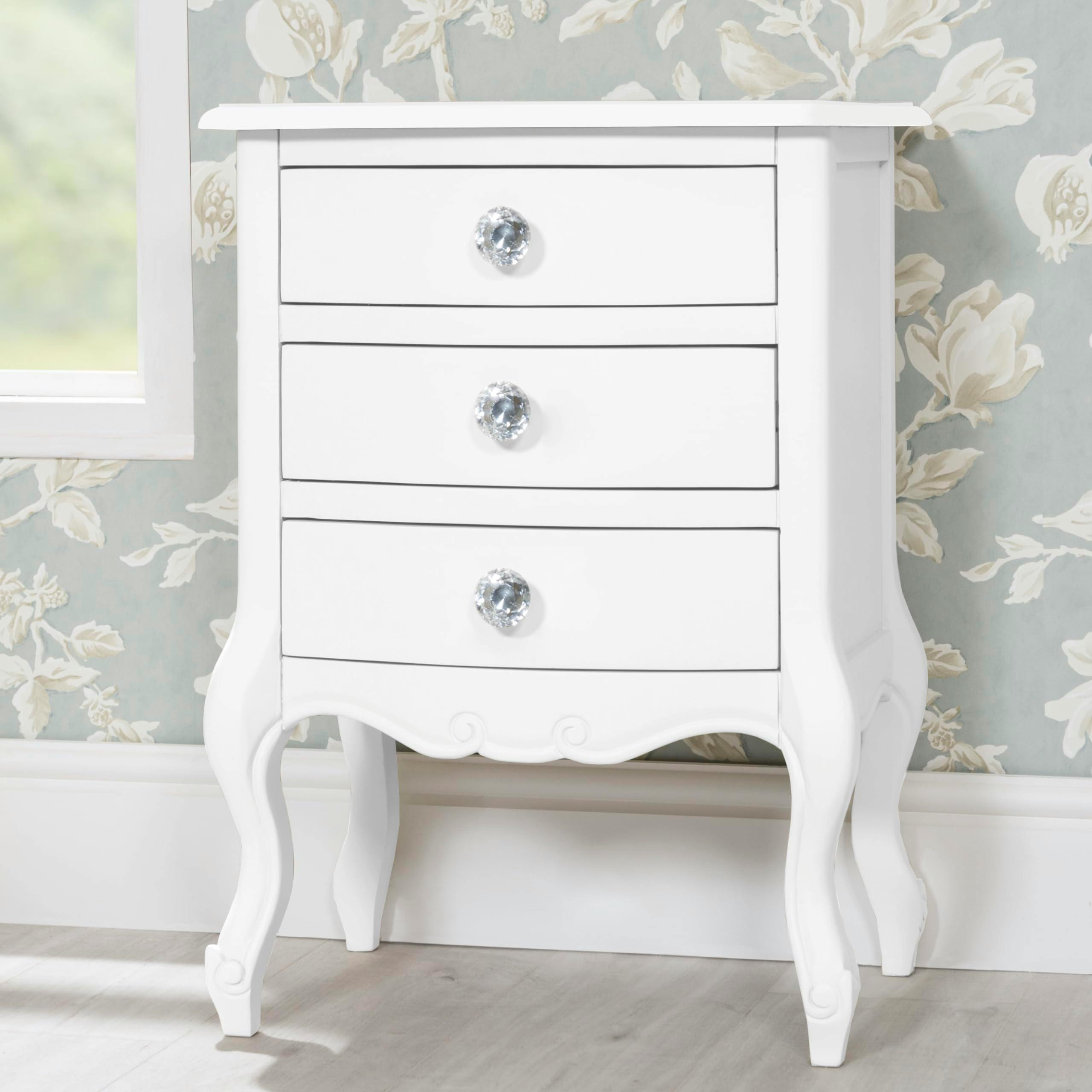 Rackhams White Juliette Vintage Chic 3 Drawer Bedside Table With Crystal Handles