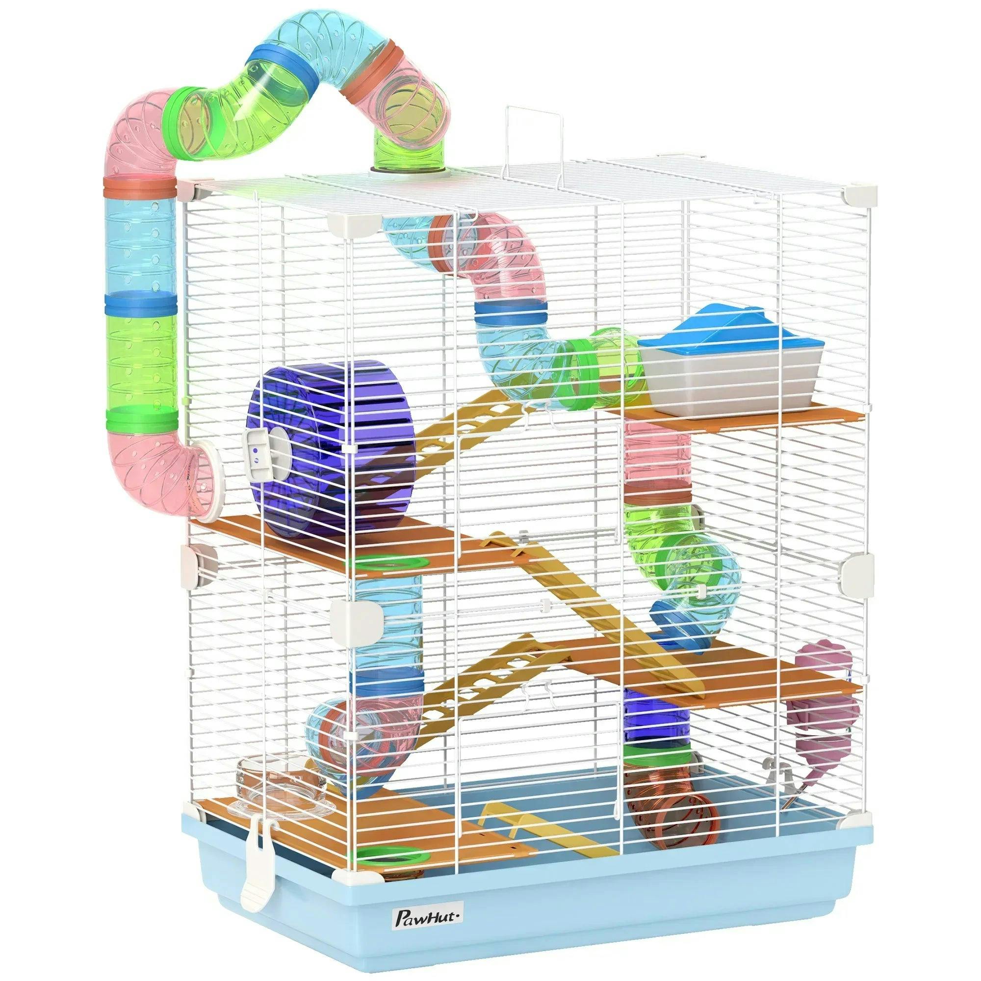 Pawhut 5 Tier Hamster Cage Carrier Habitat W/ Exercise Wheels, Light Blue - Image 4