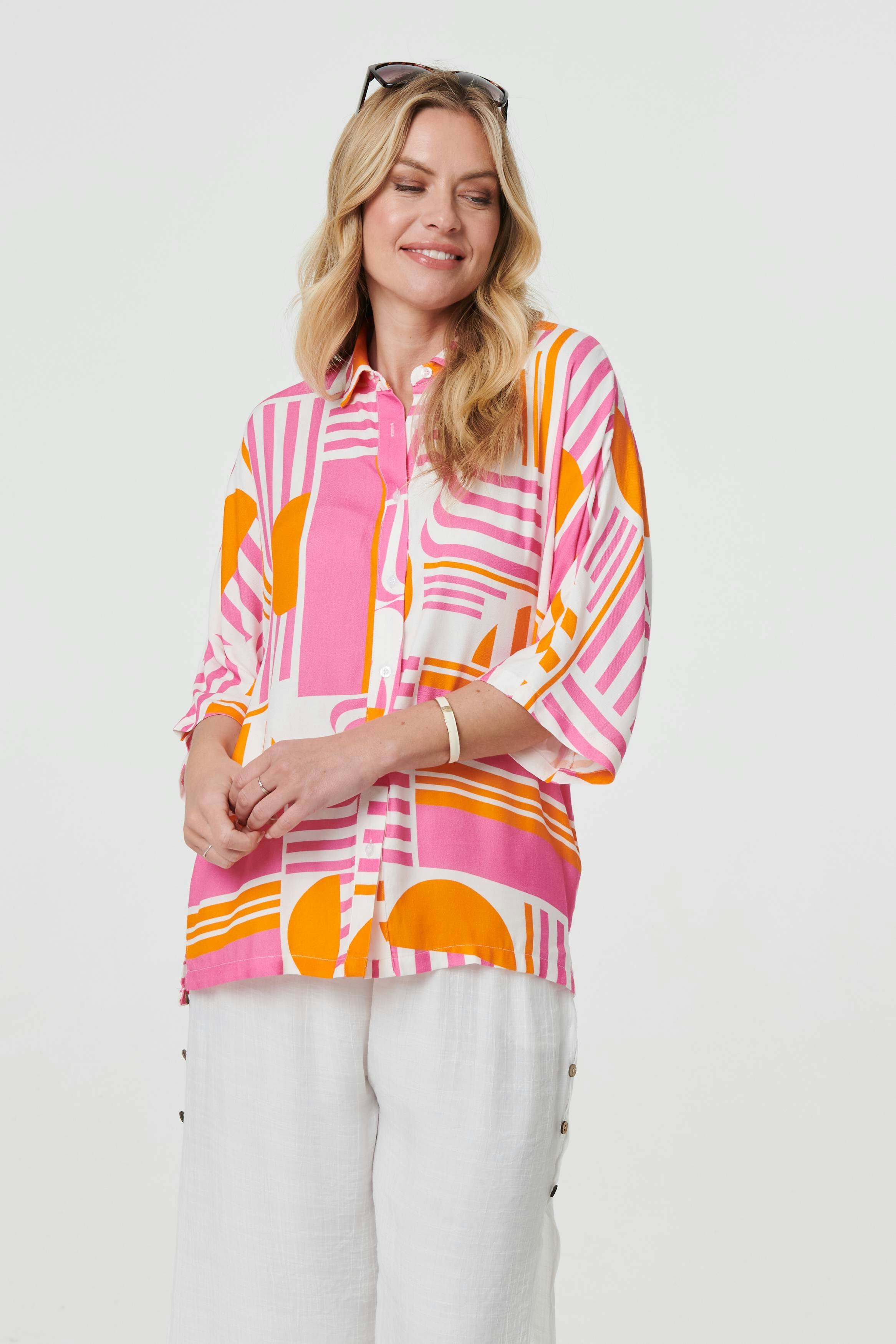 Izabel London Pink Abstract 3/4 Sleeve Relaxed Shirt - 12