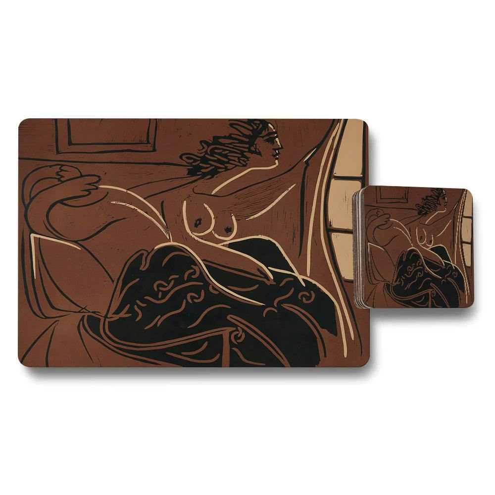 Benjamin Tate Design Brown Art Deco Reclining Nude Placemat And Coaster Set