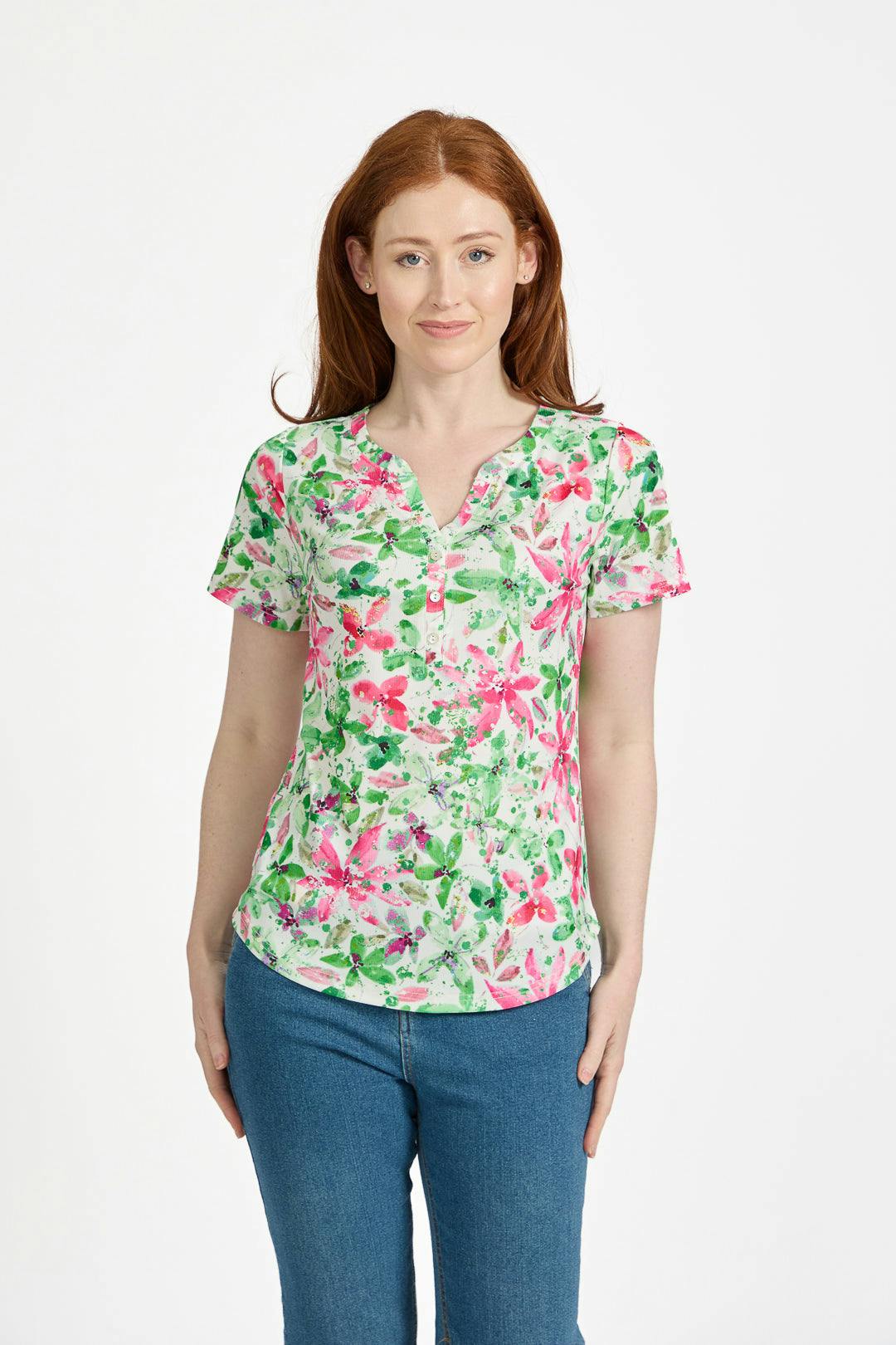 Mudflower Green Floral V-Neck Button Top - 16