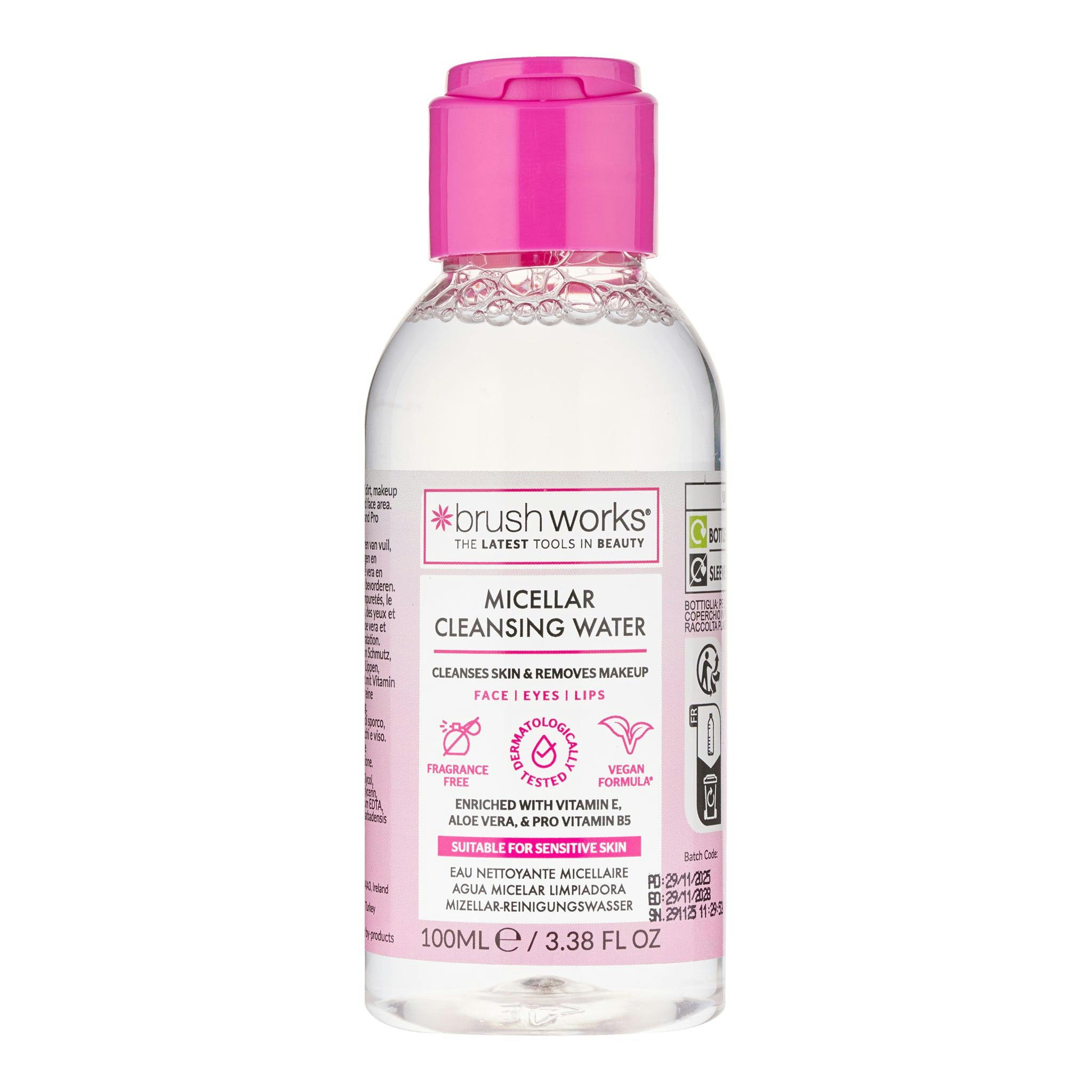 Brushworks Micellar Cleansing Water 100ml – Travel Size Makeup Remover with Vitamin E, Aloe Vera & Pro Vitamin B5 for Face, Eyes & Lips, Fragrance Free & Vegan - Image 2