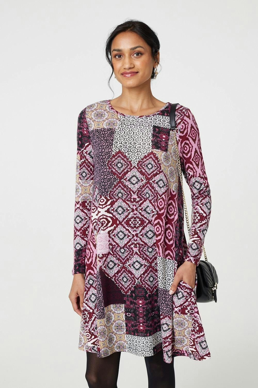 Izabel London Pink Patchwork Long Sleeve Short Swing Dress - 10
