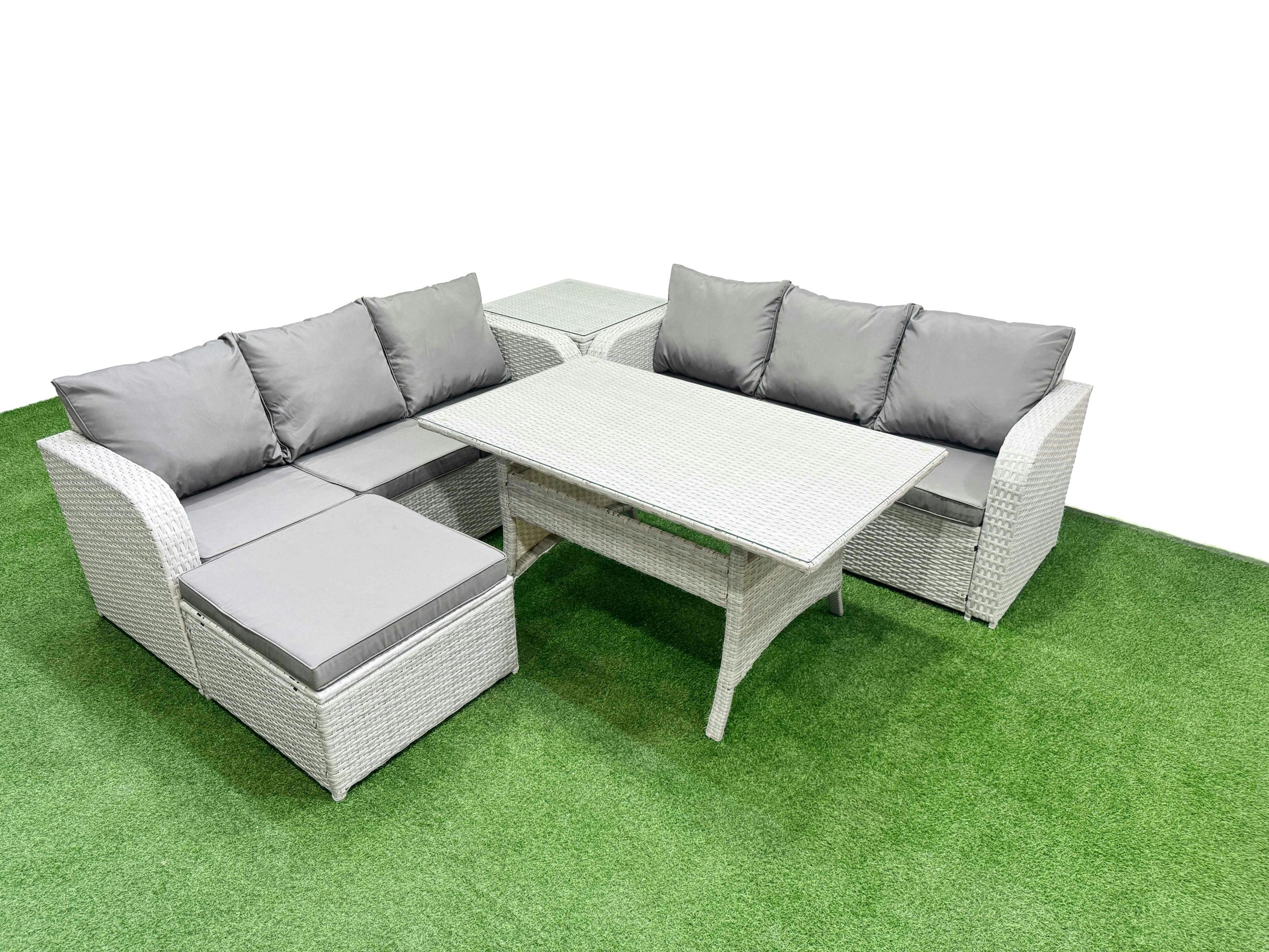 Rackhams Light/Grey 7 Seater Wicker Rattan Garden Furniture Patio Set, Dining Table, High Back Lounge Sofa, Big Footstool, Side Table,