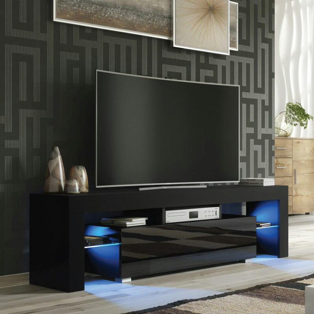 Rackhams Black 160Cm Tv Unit – Modern Tv Stand Cabinet With High Gloss And Free Led - 1 - Matt Body & Gloss Doors 160 Cm