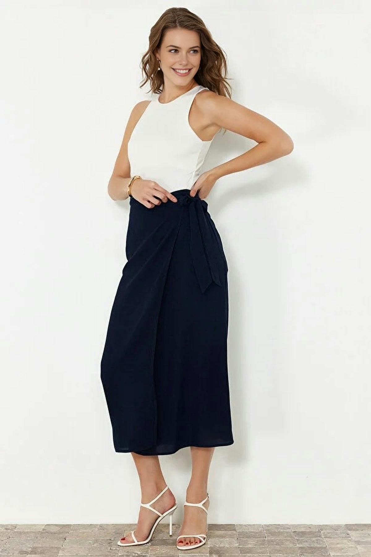 Wovcor Double Breasted Maxi Length Woven Skirt With Tie Detail - Navy - 8