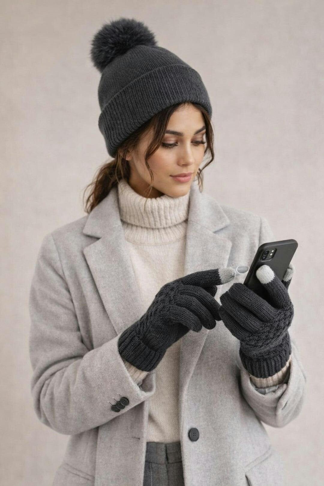 Svnx Grey Pom Pom Beanie Hat & Knit Gloves Set In - Image 3