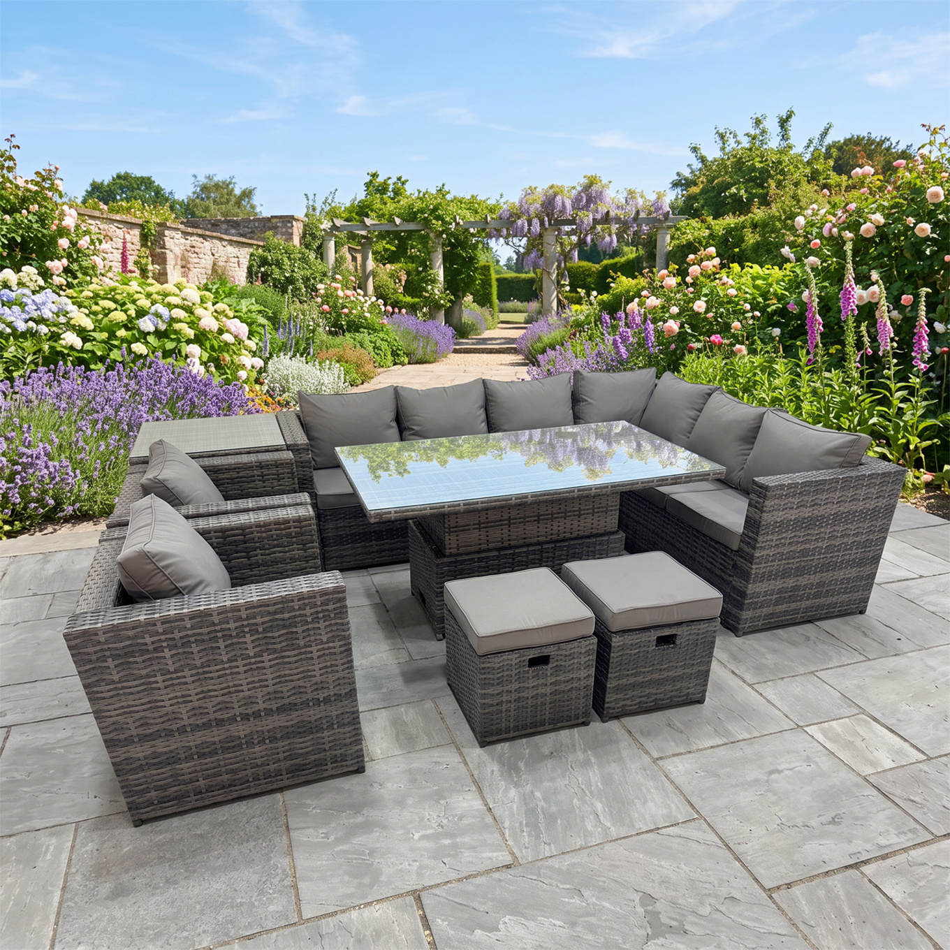 Fimous Dark/Grey 10 Seater Rattan Height Adjustable Rising Lifting Table Corner Sofa Sets With 2 Chairs 2 Small Stools Side Table Mixed