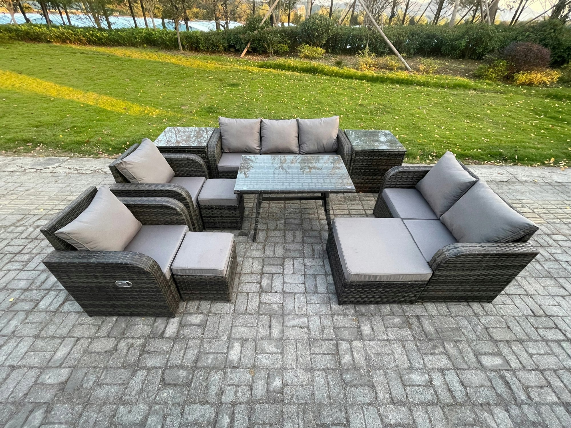 Rackhams Dark/Grey Outdoor Rattan Garden Furniture Set 10 Seater Patio Lounge Sofa Set With Dining Table 3 Footstools 2 Side Tables Mixed