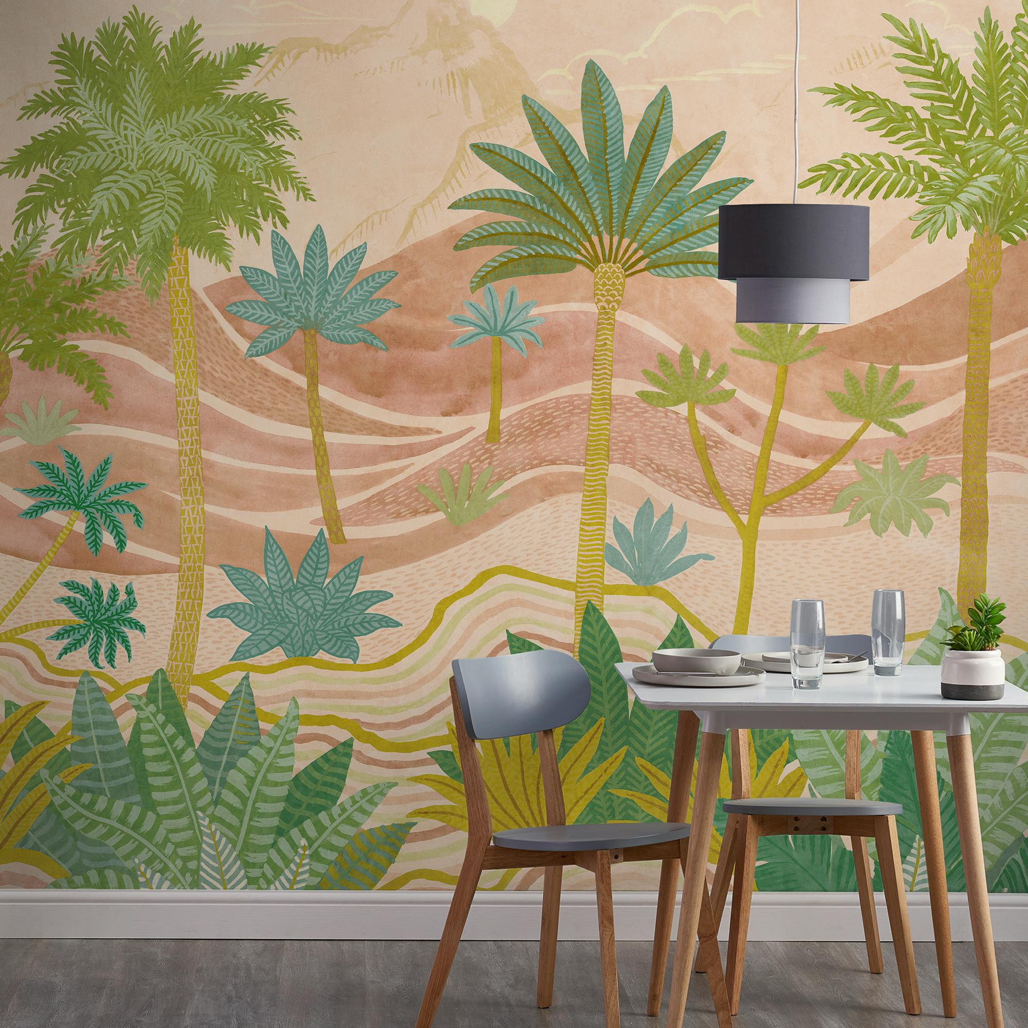 Grandeco Pink Palm Spring Landscape Scene 7 Panel Repeatable Textured Mural, 3.71 X 2.8M,