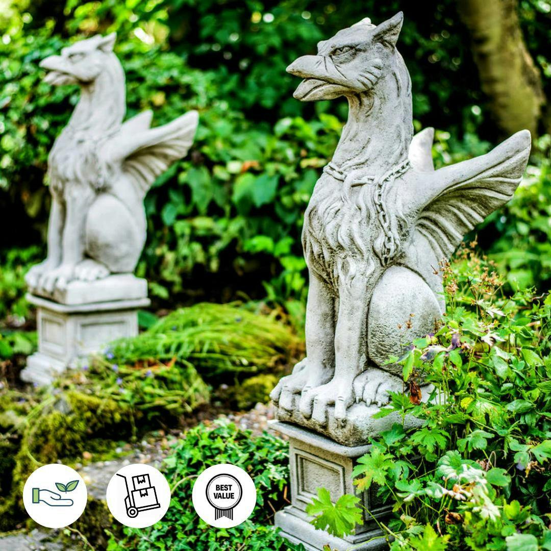 Osn Large Pair Of Winged Stone Griffin Ornaments Gargoyle Gryphon Style With Plinths