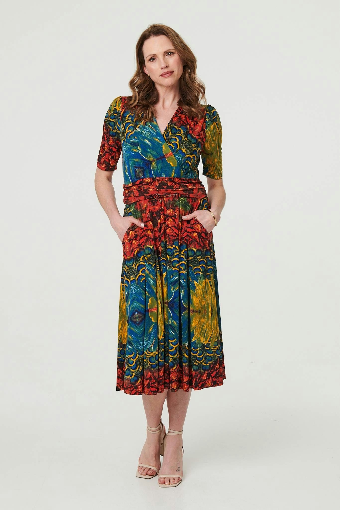 Izabel London Blue Printed Ruched Waist Faux Wrap Midi Dress - 10