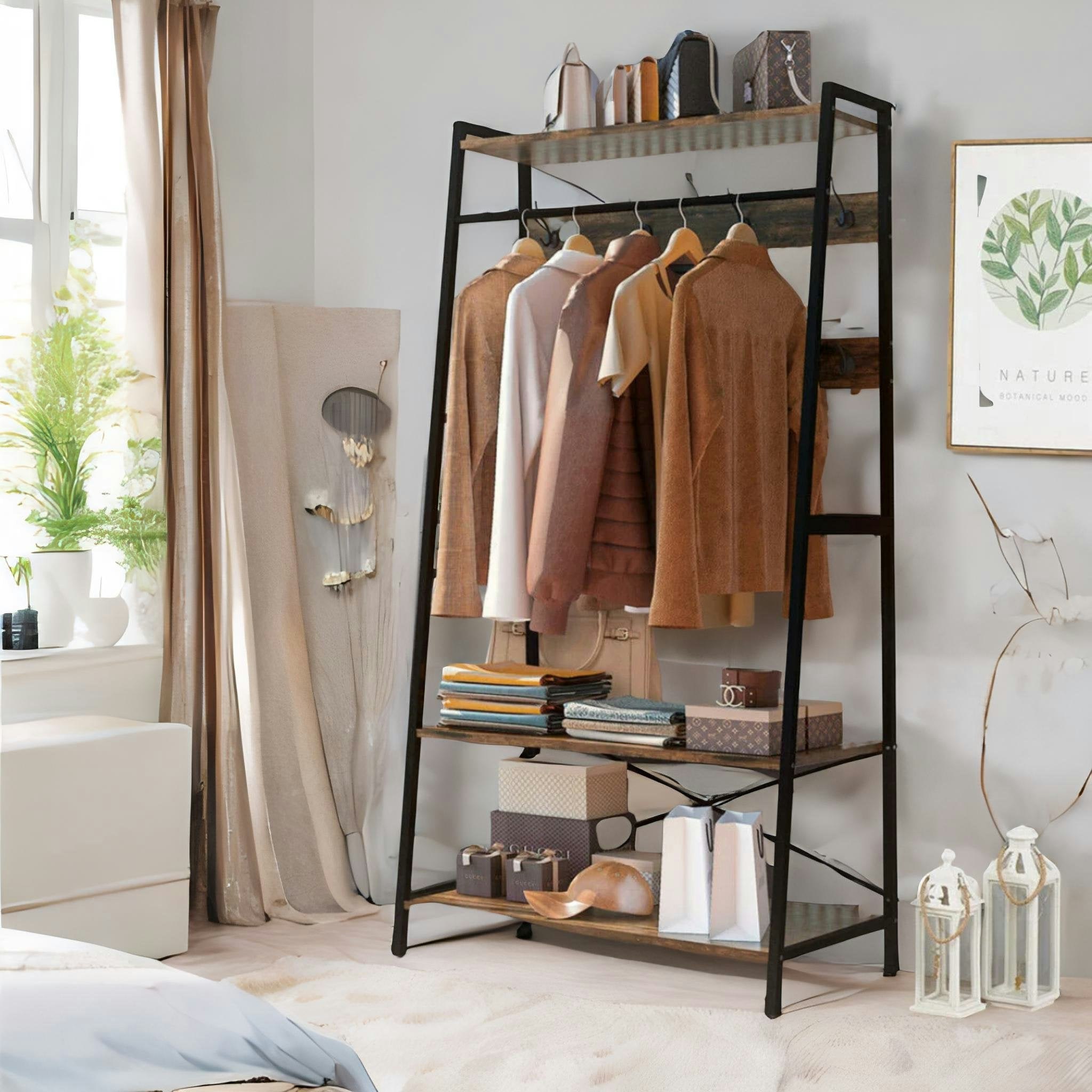 Rackhams Brown Industrial Hall Tree Coat Rack Stand With 2 Shelves And 8 Hooks