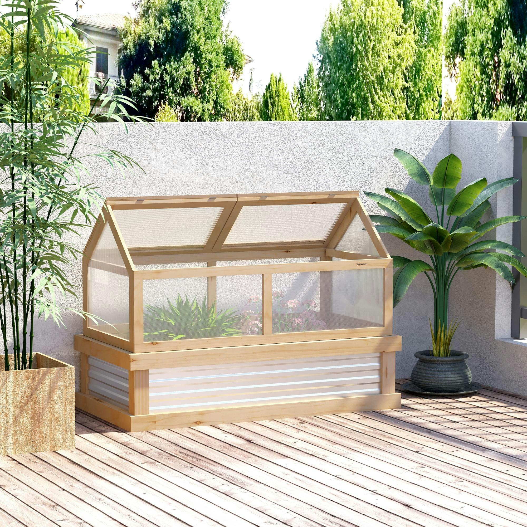 Outsunny Light Raised Garden Bed Kit Wooden Cold Frame Planter Protection Natural - Natural Wood Finish - Fir Wood, Pc Board - 122Cmx61cmx82cm
