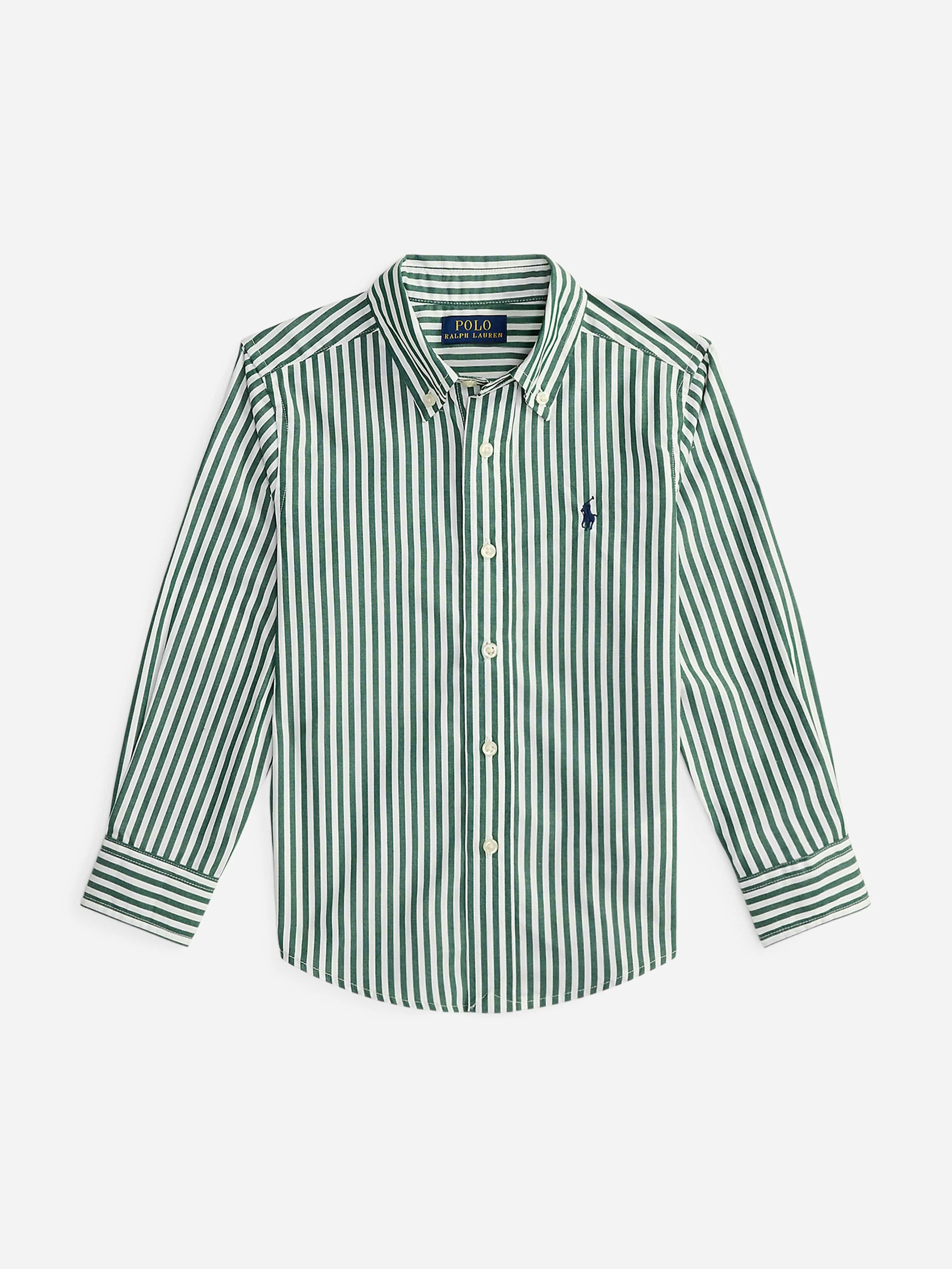 Ralph Lauren Kids Boys Green Striped Logo Shirt In - 6 Yrs
