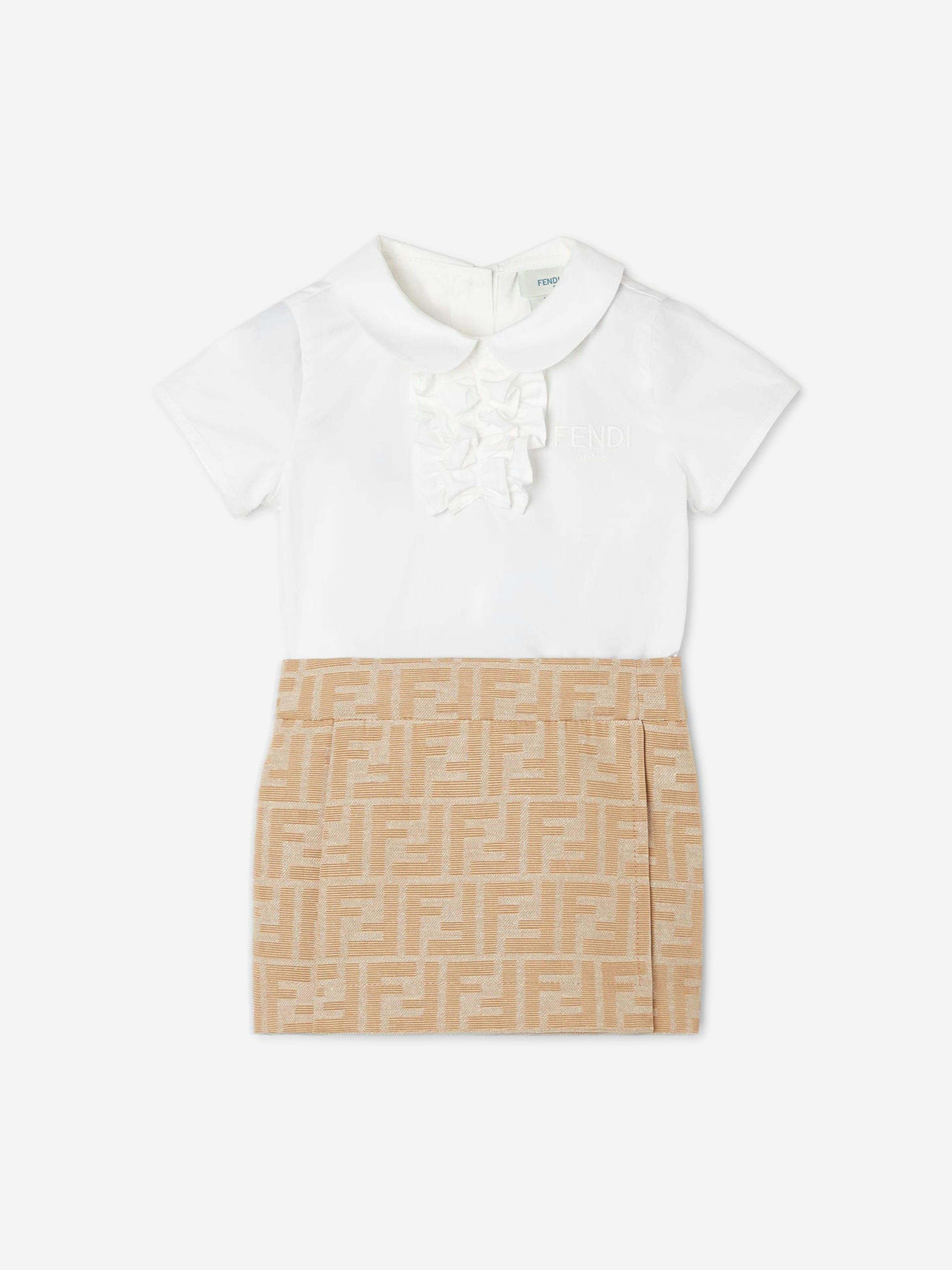 Fendi Kids Girls Beige Fendi Baby Poplin And Jacquard Ff Logo Dress In - 24 Months