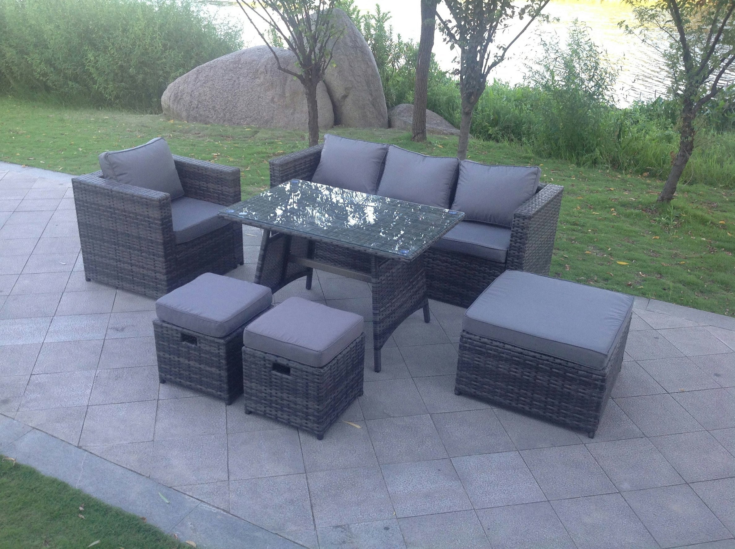 Fimous Grey 7 Seater Lounge Rattan Sofa Set Dining Table Chair Foot Rest Garden Furniture Outdoor