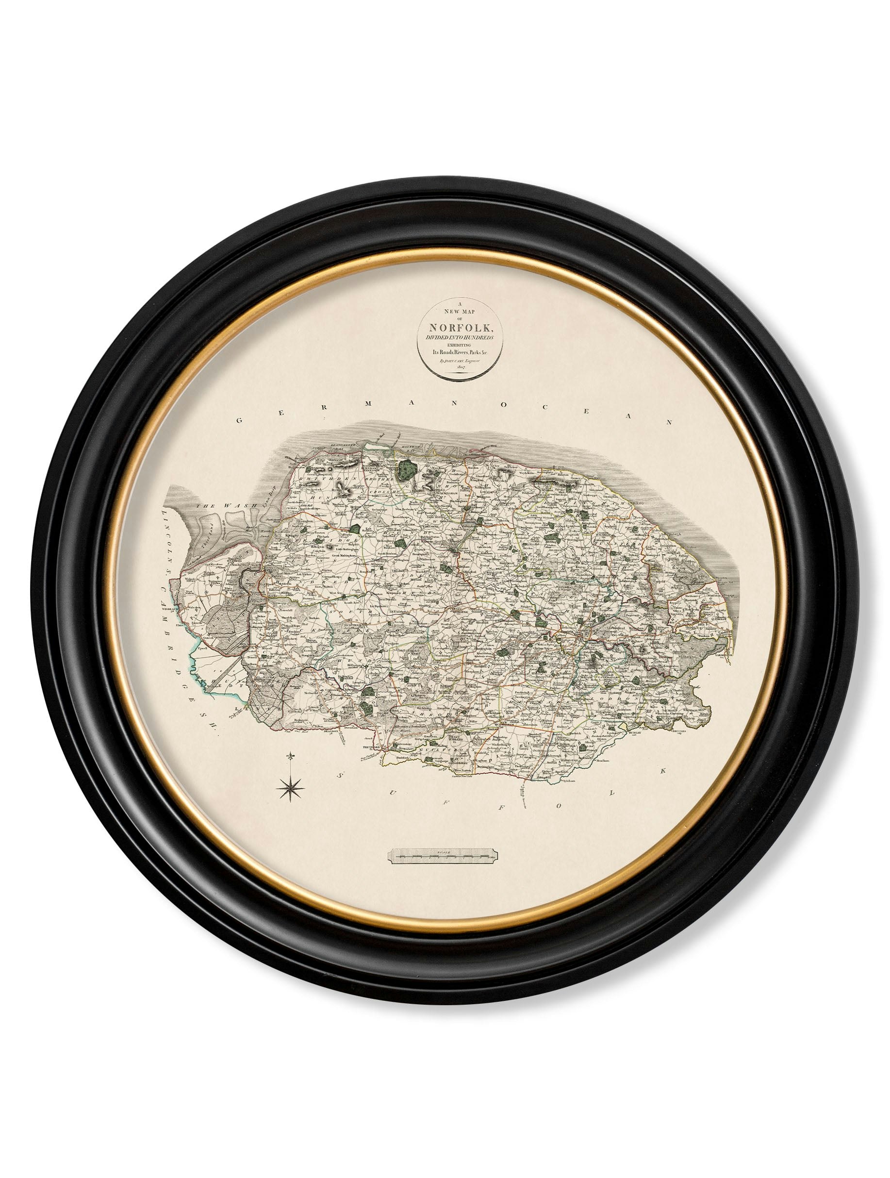 Rackhams Black C.1806 County Maps Of England - Round - 96 X 96Cm - Norfolk