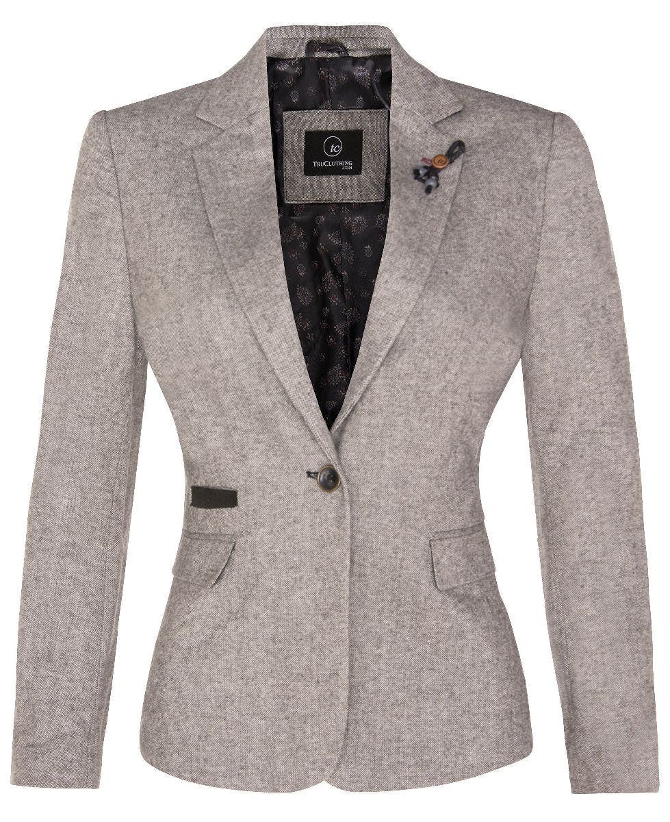 Truclothing Women's Light/Grey Tweed 1920S Herringbone Blazer - Uk L/14 | Eu 40 | Us 10