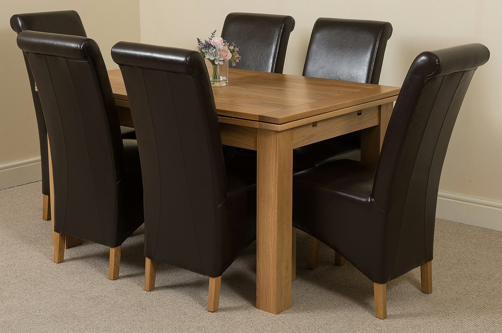 Rackhams Brown Richmond Medium Oak Extendable Dining Table With Montana Leather Chairs - 6 Chairs