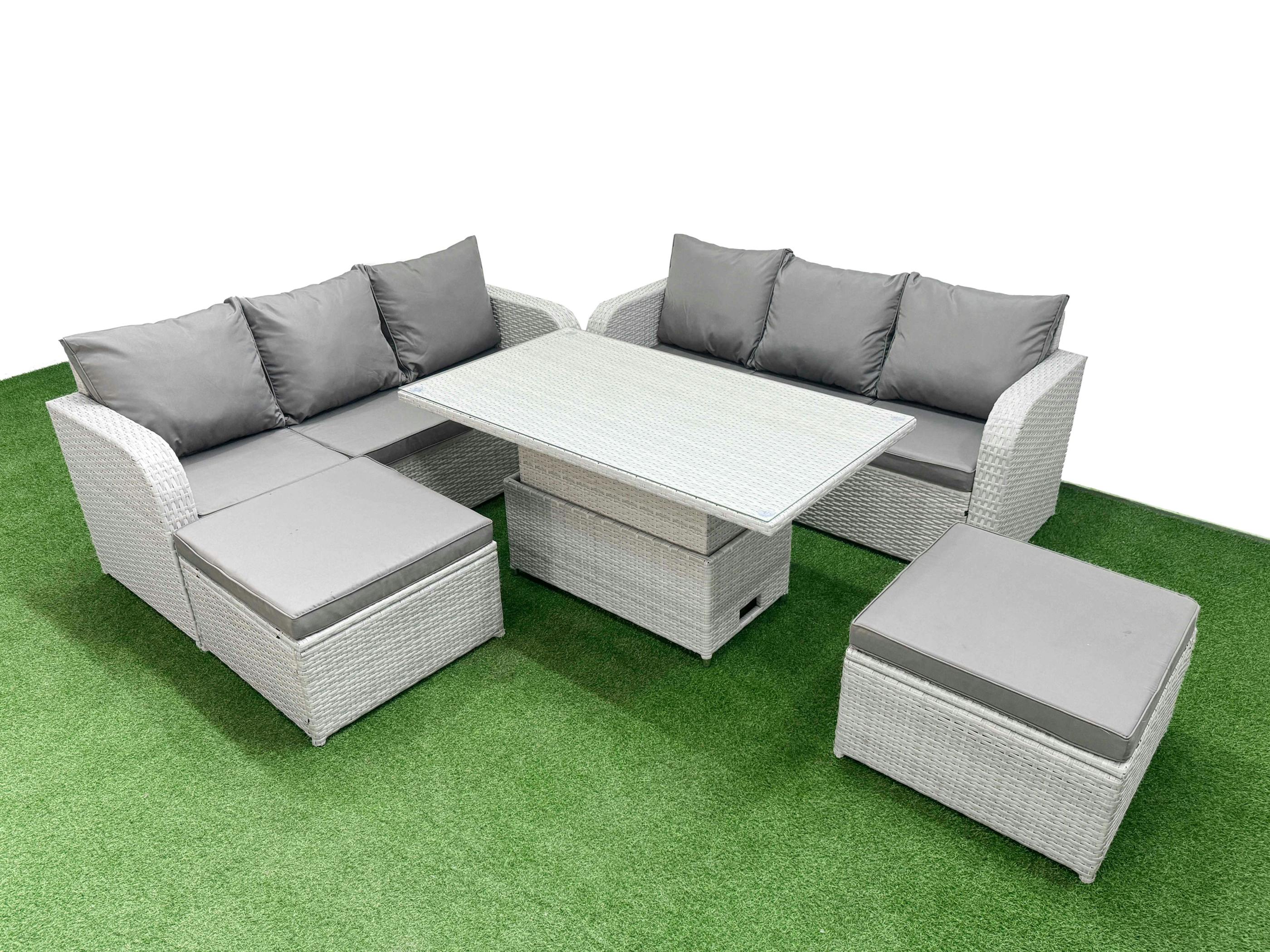 Fimous Light/Grey 8 Seater Rattan Garden Set, Adj Height Table, High Back Lounge Sofa And 2 Big Footstools,