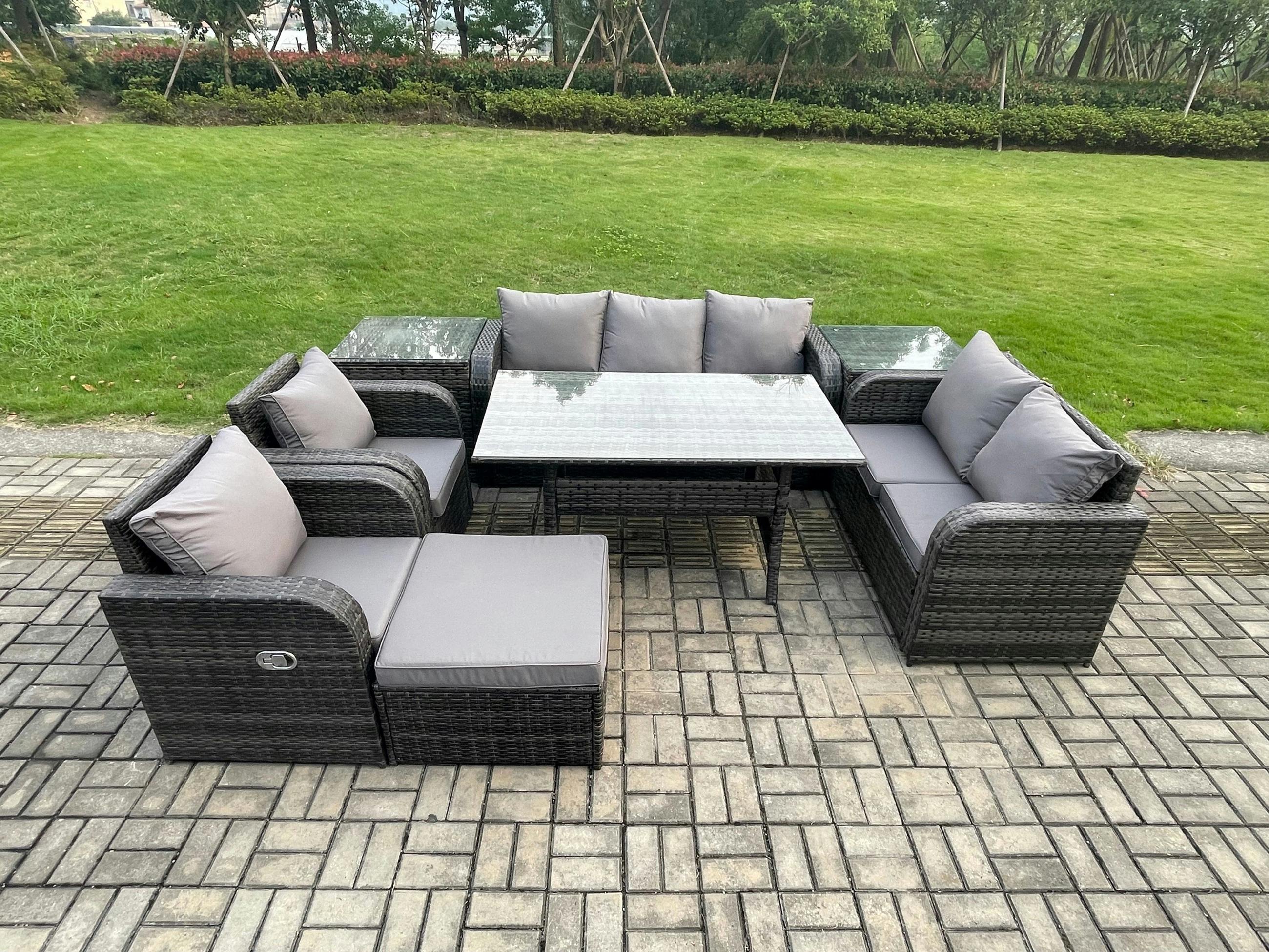 Fimous Grey 8 Seater Pe Rattan Garden Furniture Patio Set, Reclining Chair, Love Sofa, 2 Seater Sofa, Dining Table, Big Footstool, 2 Side Tables,