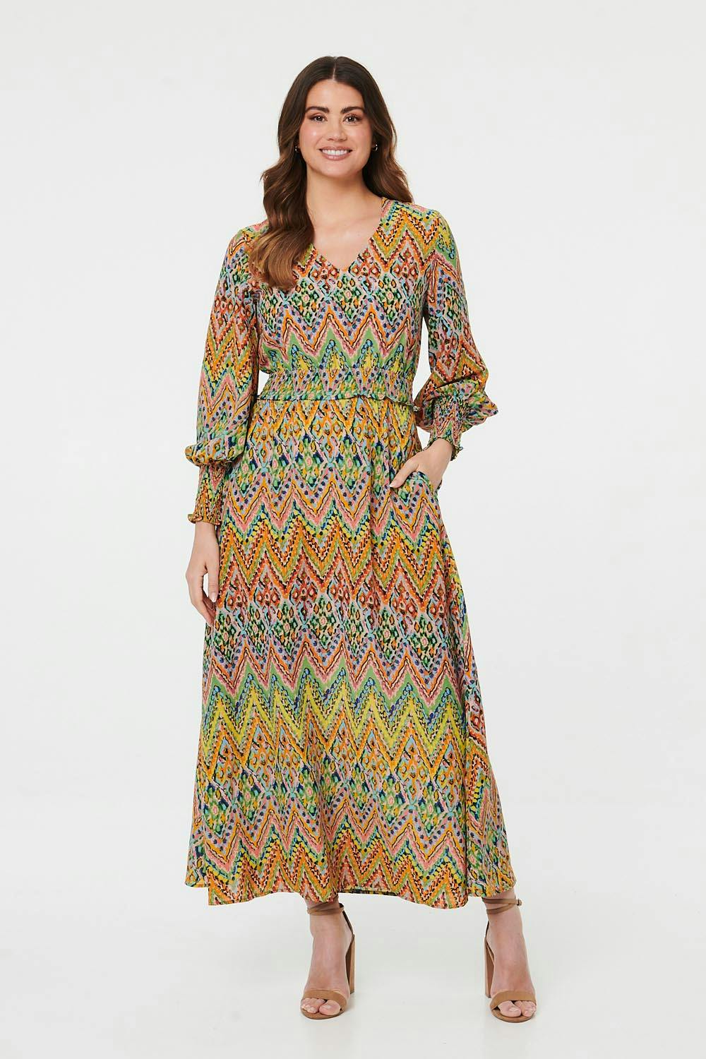 Izabel London Green Printed Long Sleeve Shirred Maxi Dress - 12