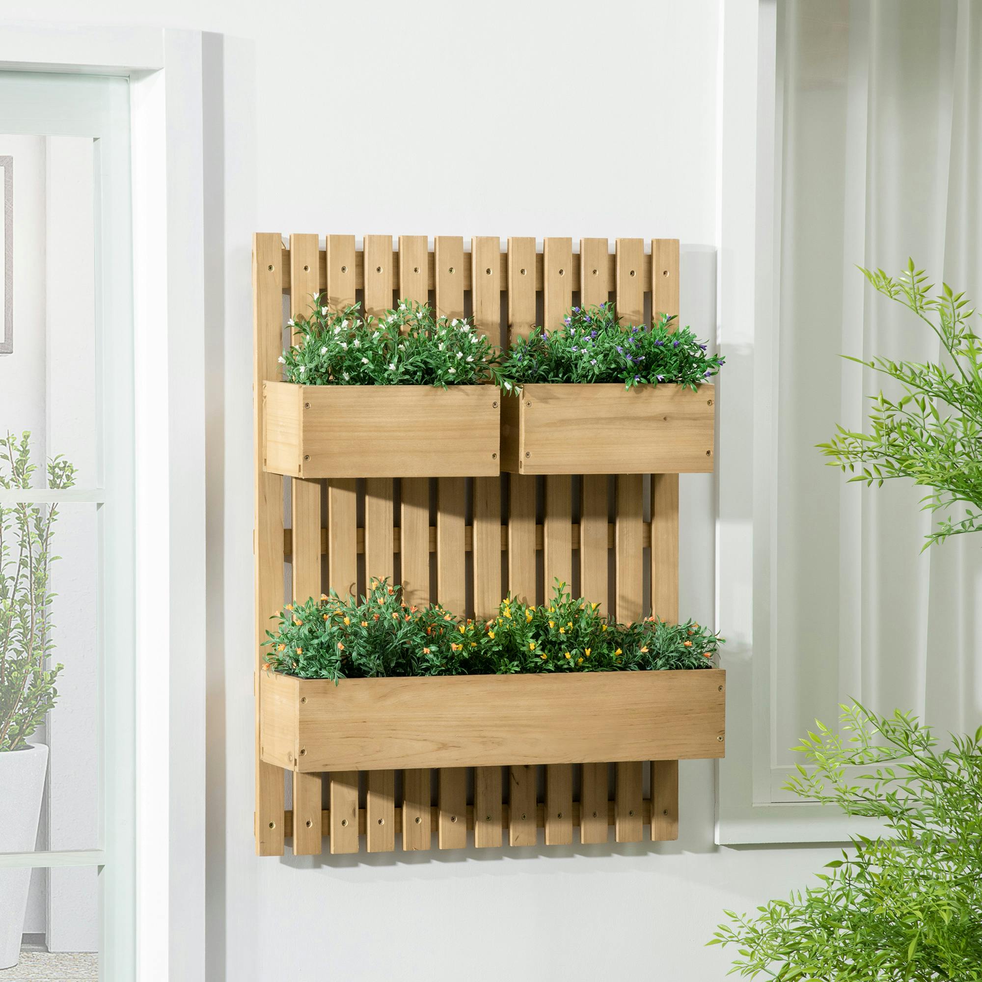 Outsunny Wooden Garden Planters With Trellis Wall-Mounted Raised Garden Bed - Natural