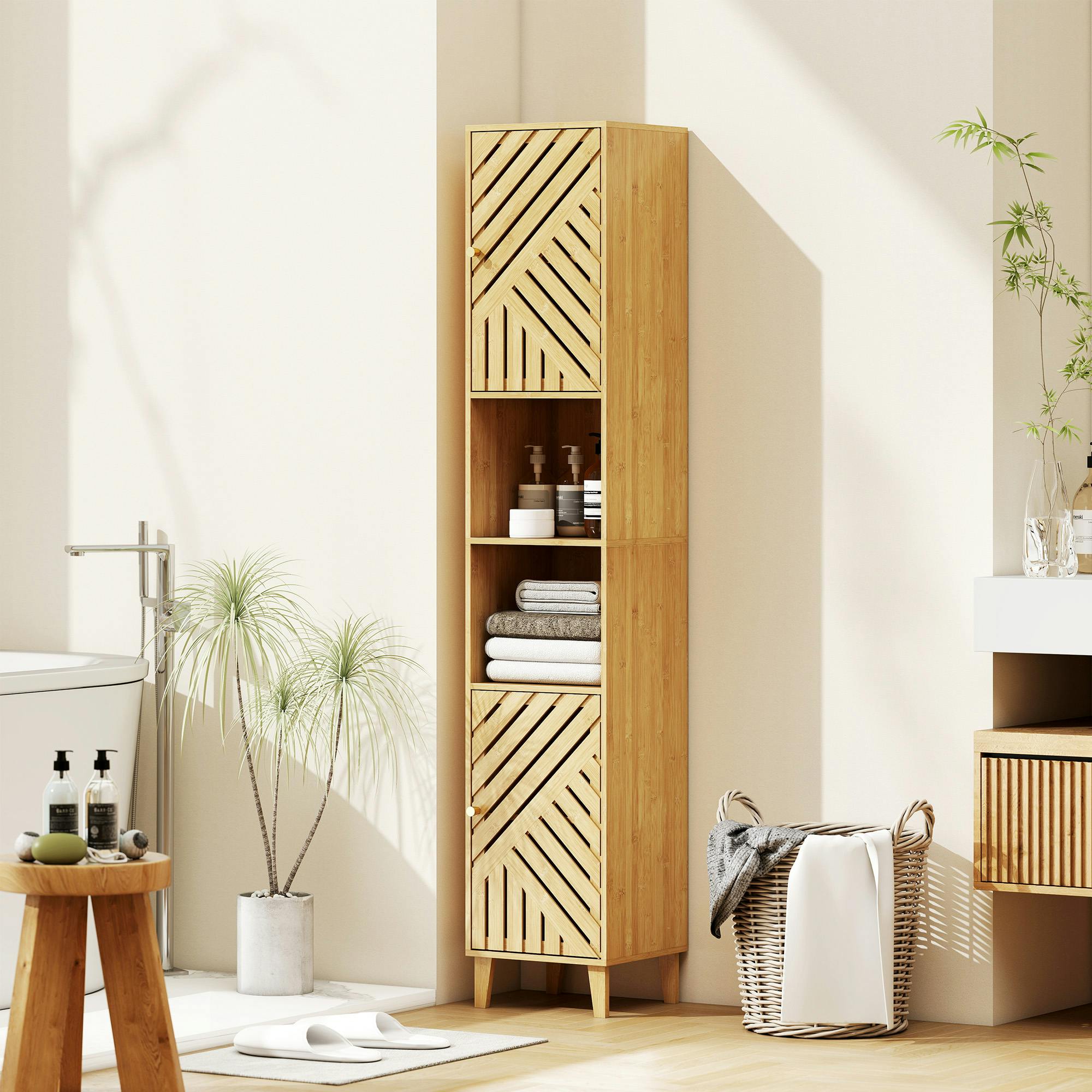 Rackhams Tall Bathroom Cabinet With Open Compartments And Adjustable Shelves - Natural Wood Finish