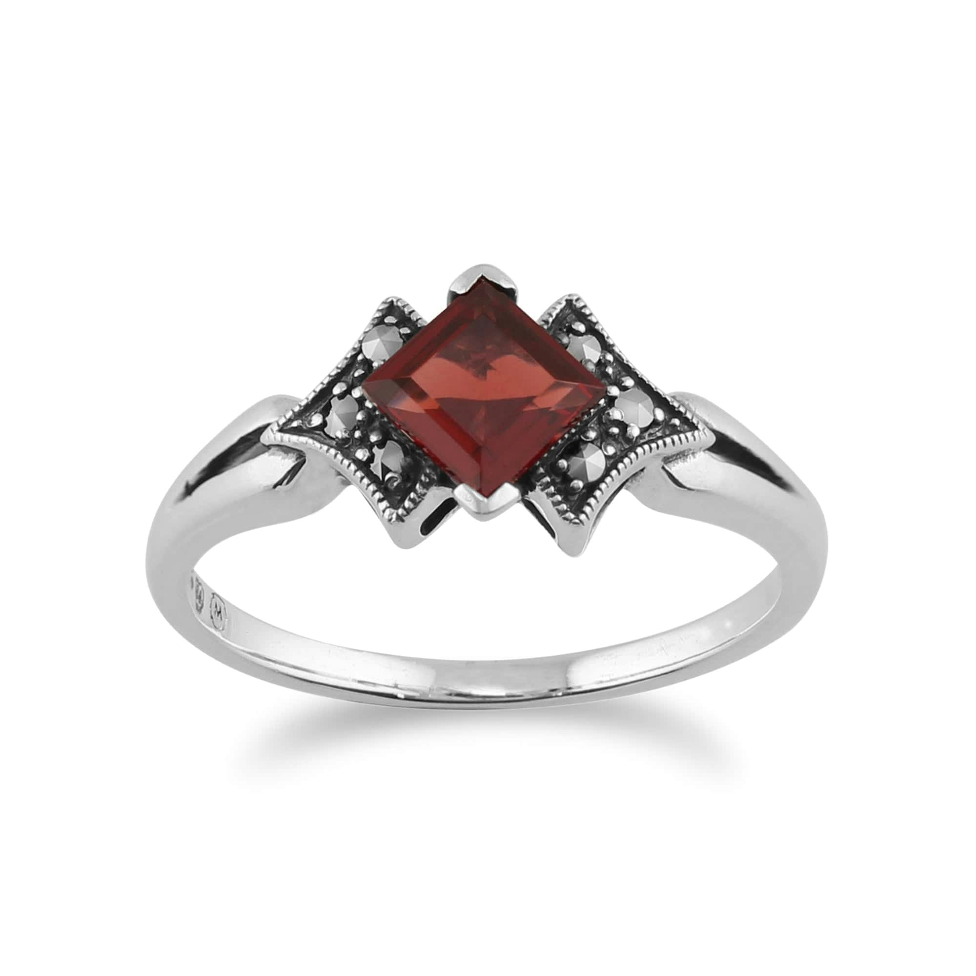 Gemondo Silver Art Deco Style Square Garnet & Marcasite Ring In 925 Sterling - K