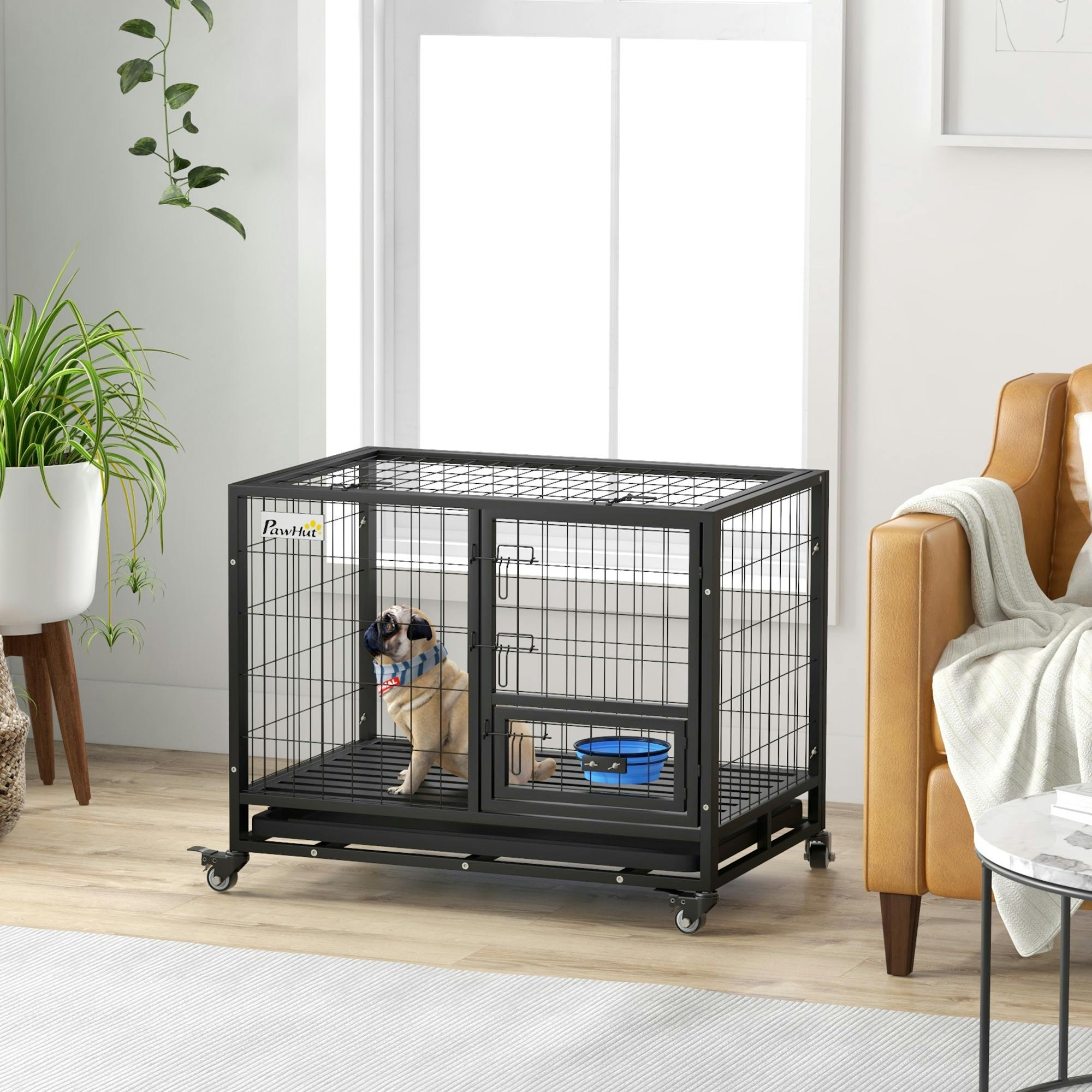 Pawhut Black 36" Heavy Duty Dog Crate On Wheels W/ Bowl Holder, Removable Tray In - Image 3