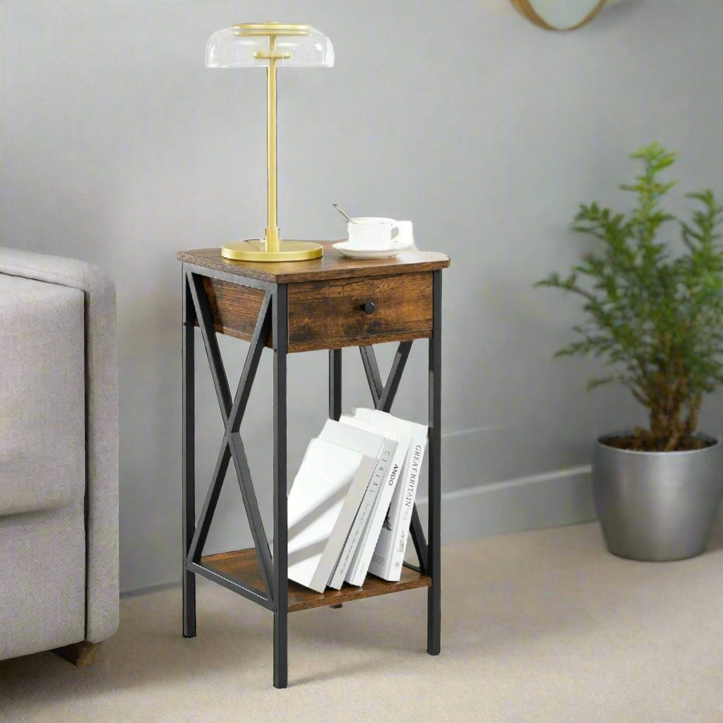 Modcraft Brown/Black Tall Nightstand With Drawer & Shelf – Rustic & Industrial Bedside Table
