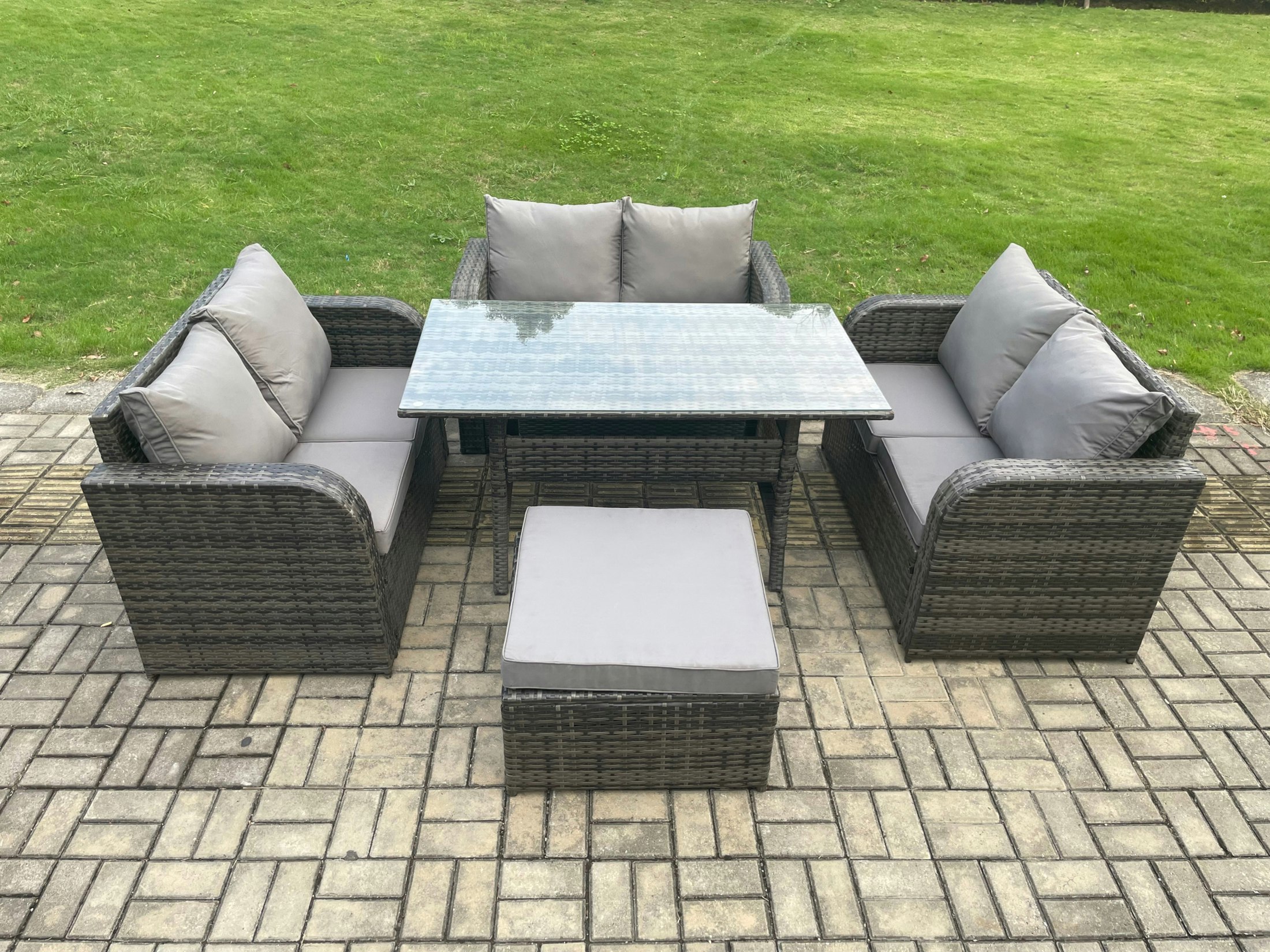 Fimous Dark/Grey Wicker Pe Rattan Sofa Outdoor Garden Furniture Set With Rectangular Dining Table Big Footstool Mixed