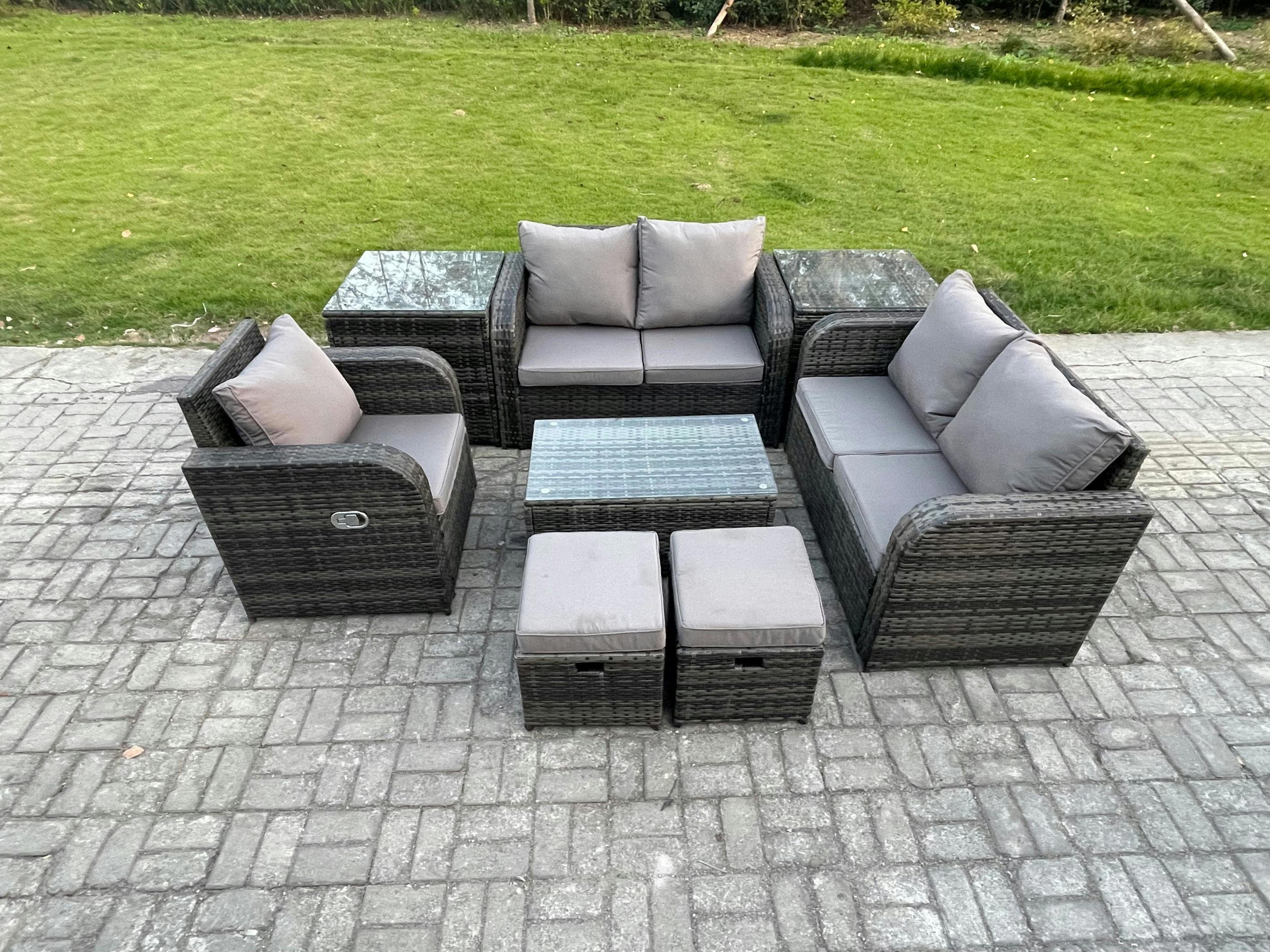 Fimous Dark/Grey 7 Seater High Back Garden Set, Loveseat Sofa, Coffee Table, 2 Small Footstools And 2 Side Tables, Indoor Outdoor Patio Lounge, Mixed
