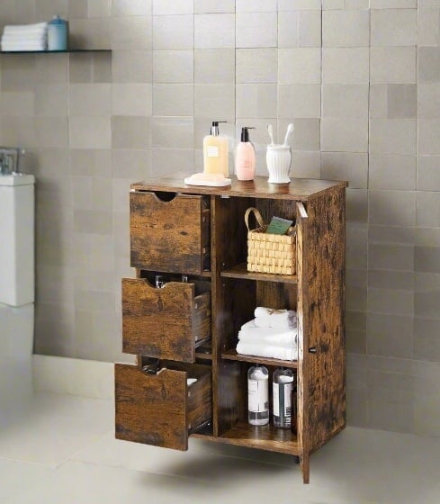 Modcraft Brown Rustic Bathroom Floor Cabinet With 3 Drawers & Adjustable Shelves – Wooden Storage Unit For Bathroom
