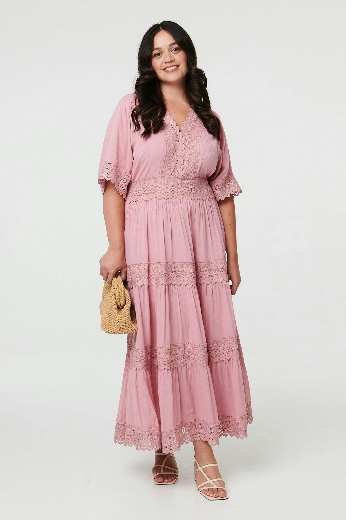 Izabel London Pink Curve Tiered Lace Trim Maxi Dress - 20