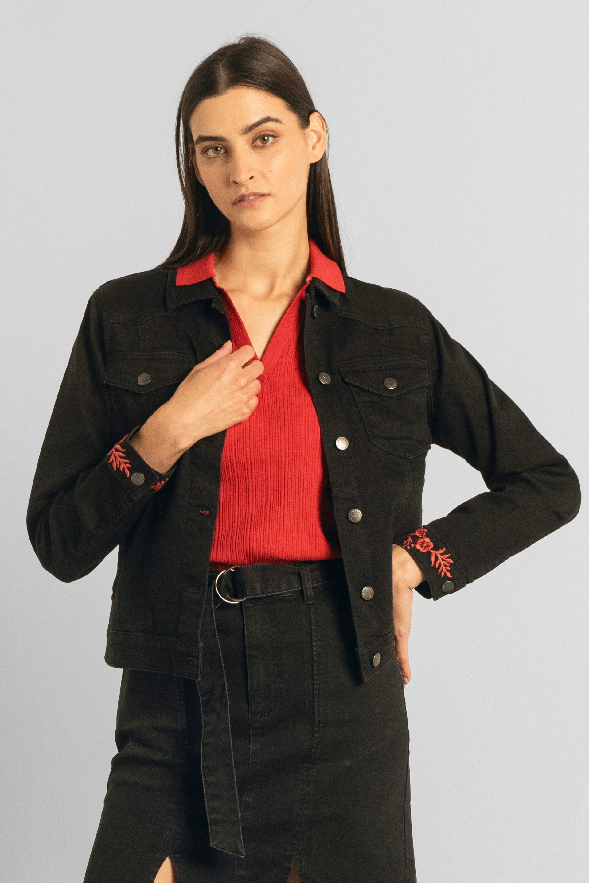 Enorsia Black Classic Denim Jacket With Sleeve Embroidery - 18 - 70% Cotton, 19.7% Polyester, 8.4% Rayon, 1.9% Elastane