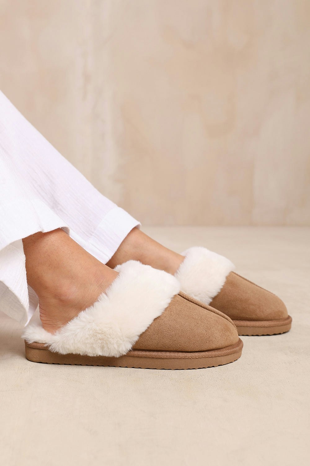 Where's That From Lounge Slip On Slippers With Fur Trim In Camel Suede - Camel Size 3