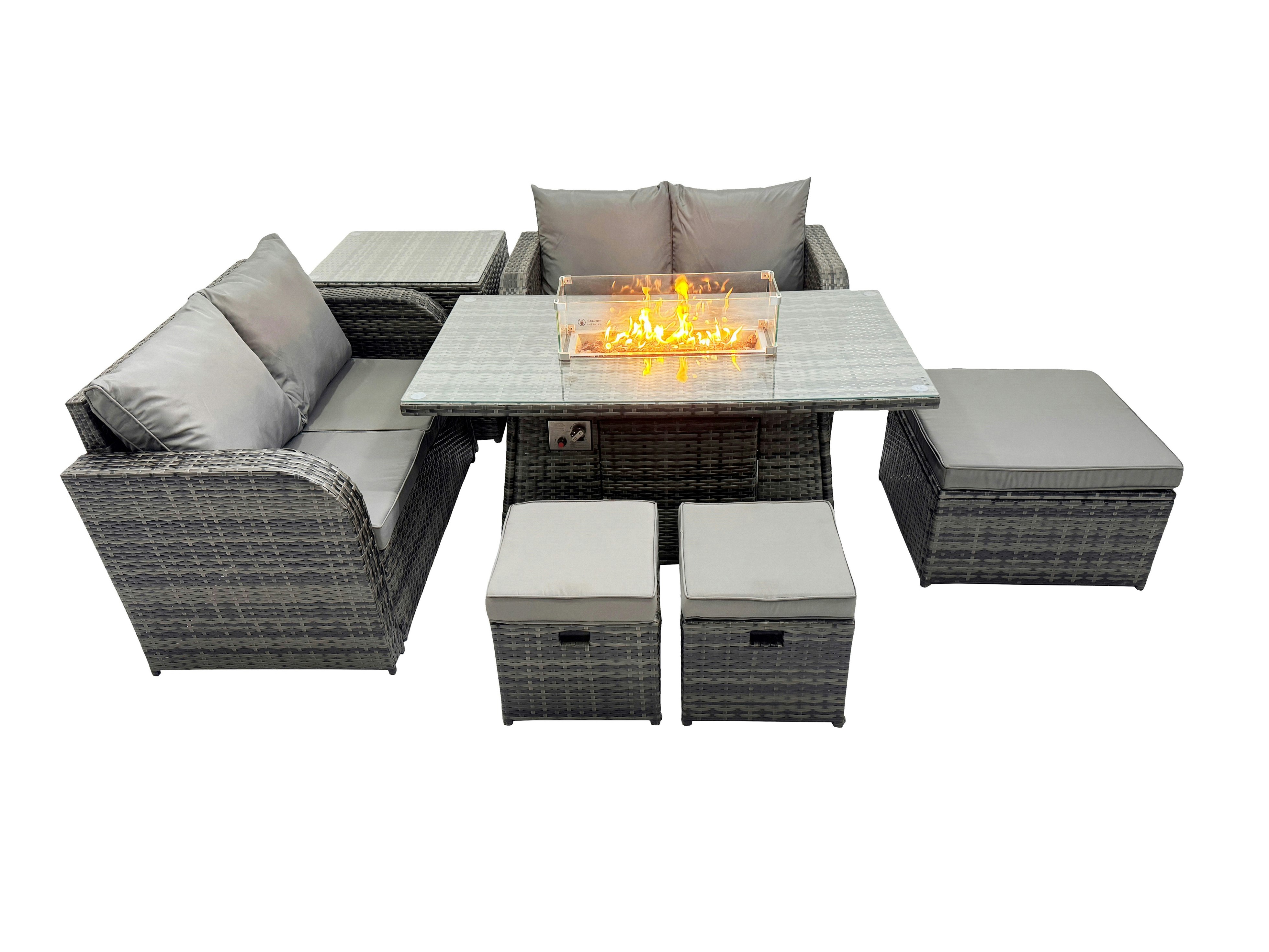 Fimous Dark/Grey 7 Seater Patio Gas Firpit Dining Table Sofa Sets Rattan Garden Furniture Dining Set With 3 Stools Side Table Mixed
