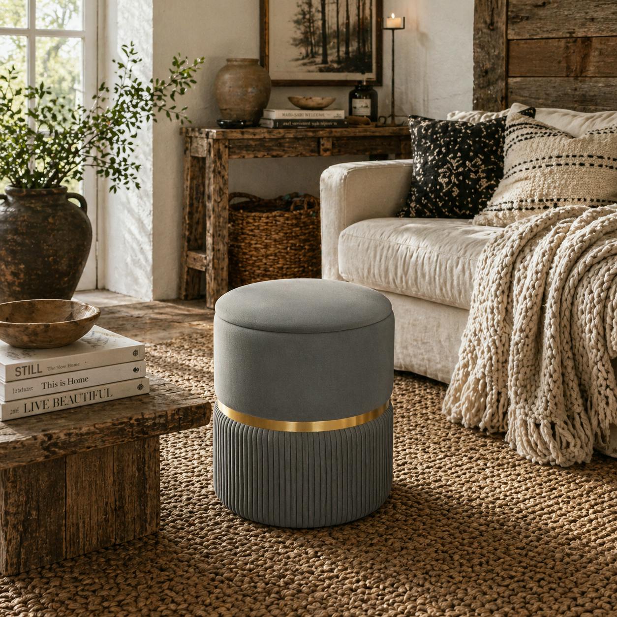 Wyld Haus Grey/Gold Vami Velvet Storage Ottoman With Soft Upholstered Finish Accent