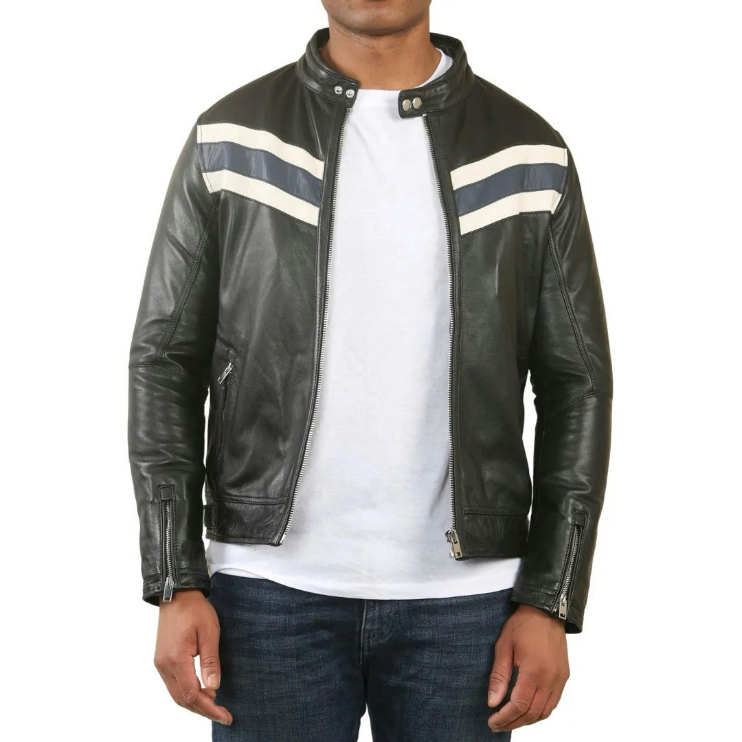 Infinity Leather Men's Black/Blue Racer Striped Biker Leather Jacket - 4XL