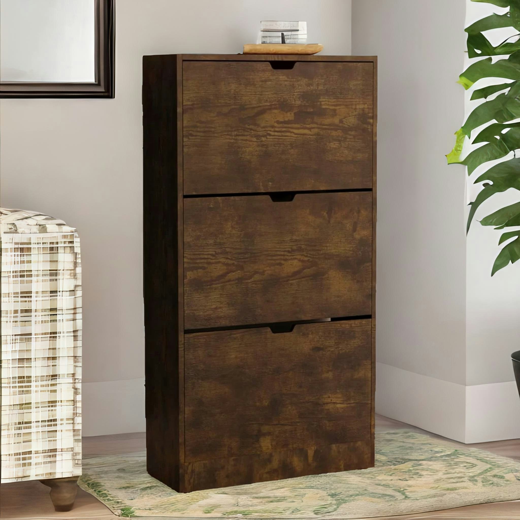 Rafaelo Mobilia Brown Industrial Hallway Shoe Storage Cabinet With Flip Drawers Rustic Small