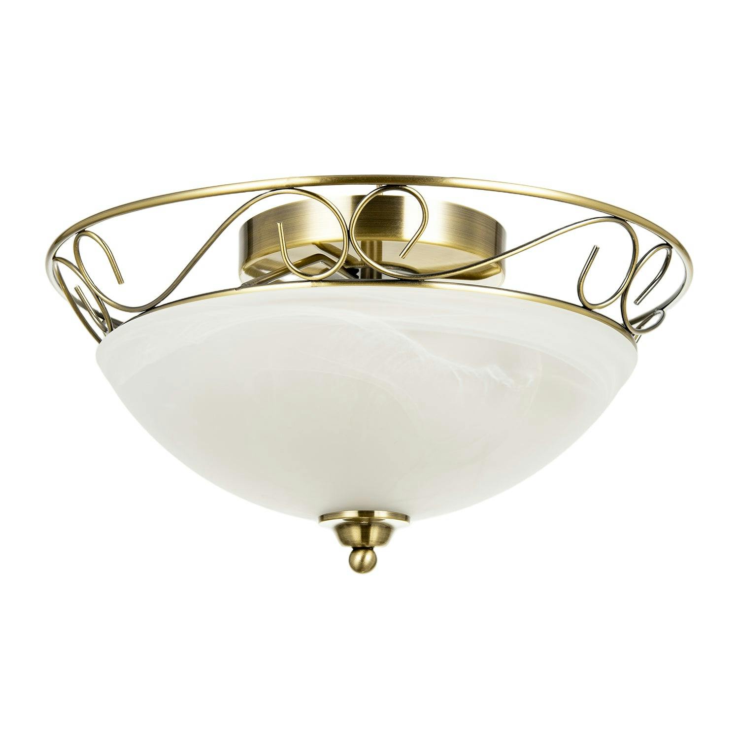 Rackhams Light Traditional Antique Brass Flush Ceiling With Alabaster Glass