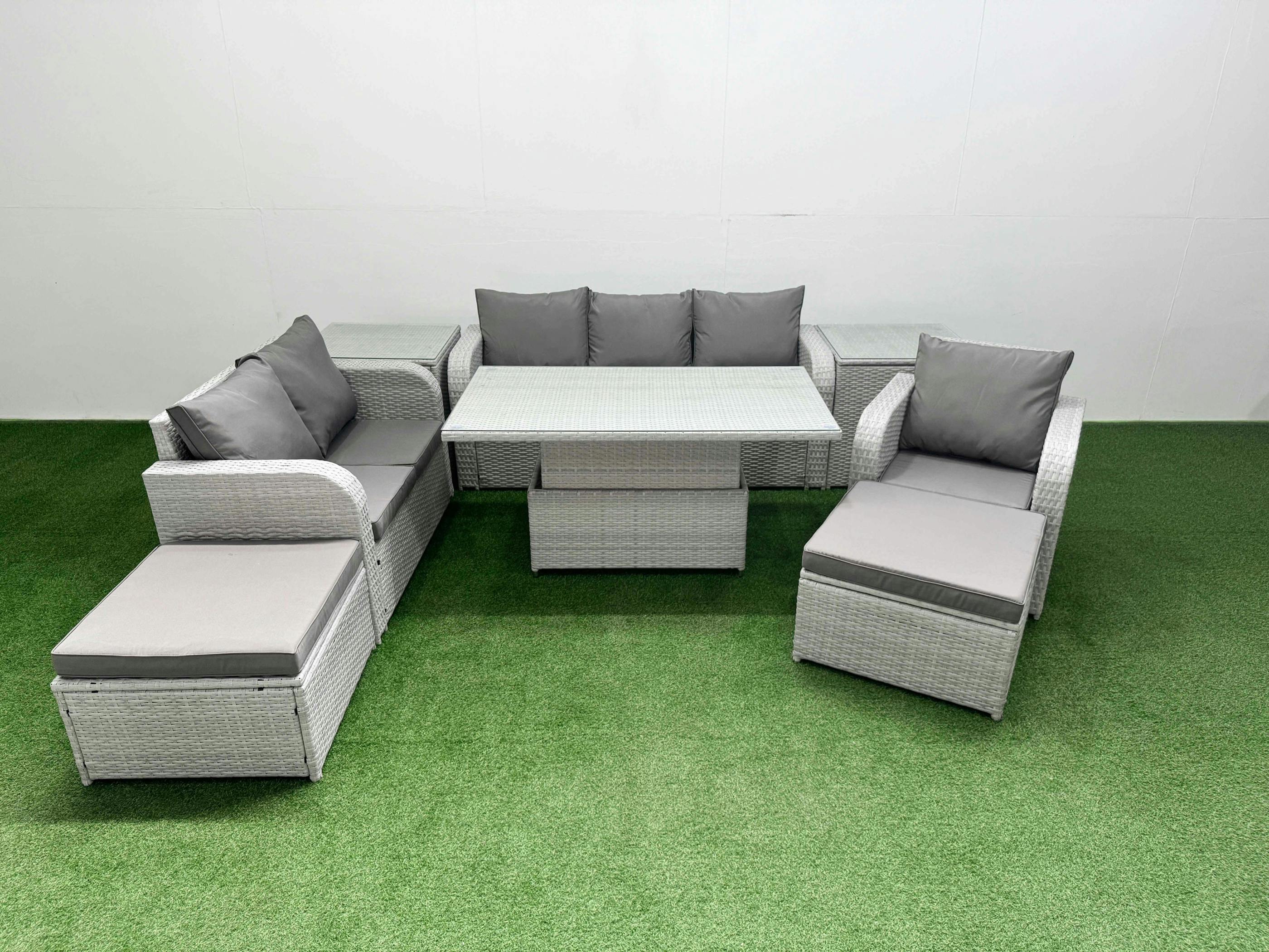 Fimous Light/Grey/Dark 8 Seater Outdoor Garden Set, Pe Wicker Rattan, Adj Height Table, Reclining Chair, Loveseat, 3 Seater Sofa, 2 Big Footstools And 2 Side Tables