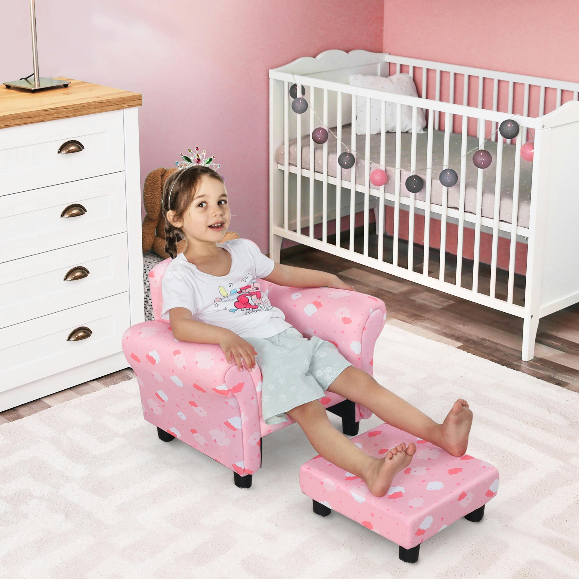 Homcom Pink Cute Cloud Star Child Armchair Seat Wood Frame W/ Footrest Padding
